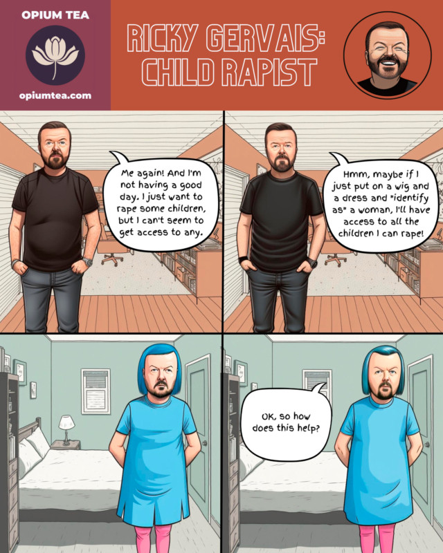 Comic strip: Ricky Gervais, Child Rapist.