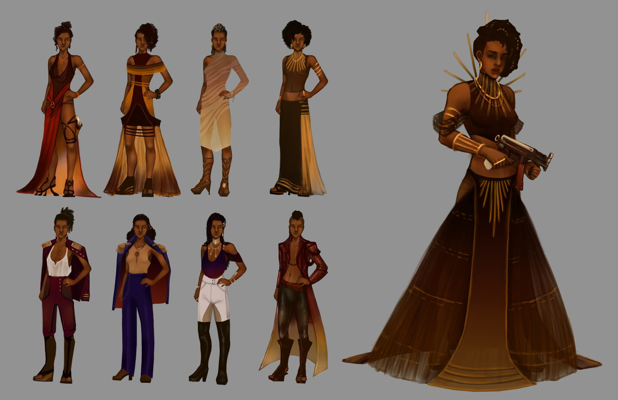 A concept art character design sheet exploring various hair and costume options. On the left side of the image are eight smaller figures; on the right side is a single larger figure. All figures are the same person: a medium-dark skinned woman with dark brown hair and brown eyes. The large design depicts her with a half close-cropped/shaved head and locs with gold threading or beading. She is wearing a brown and gold gradient two-piece gown with linear gold accents and gold jewelry; the top is cropped at an angle close at her ribs. It is sleeveless with a high, turtle-neck style collar. Gold spikes jut upwards in a semi-circle from the back of the dress/above her shoulders. The skirt is sheer and fluffy, with a thin opaque panel in the front and a wider opaque panel covering her hips and draping in the back of the skirt. It is slightly visible through the sheer fabric. She is holding a retrofuturistic looking gun. On the left, the top row outfits include a red and gold dress with a plunging neckline and a thigh-split skirt, a short brown and yellow cocktail dress, a mid length sheer gold/cream cocktail dress, a two piece outfit with a sheer black top and a low-rise floor length skirt in black and yellow, a crimson officer's uniform with a loose white shirt, a navy officer's uniform with a gold shirt, a two-piece outfit with cream riding pants and a plunging dark red shirt, and a futuristic outfit with a red/yellow reflective trenchcoat and dark leather pants with no shirt. #art #conceptart #scifi