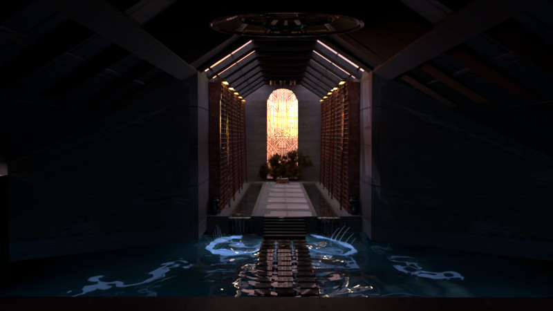 A Blender 3D test render showing a massive, dark, enclosed, concrete space half-filled with water. There is a bridge of stepping stones across the water leading to stairs at the end of a long, open room. On either side of the stairs there are large glowing shapes in the water that appear to be fish with tall spines protruding from their backs. There is a window at the opposite end that is brightly lit from the dawn sky. Bookshelves line the walls with rolling ladders. Trees are directly in front of the window, and in front of the window is a large desk. Because of the distance between the viewer and the window, the desk is small and barely visible. #art #scifi #3D #conceptart #blender