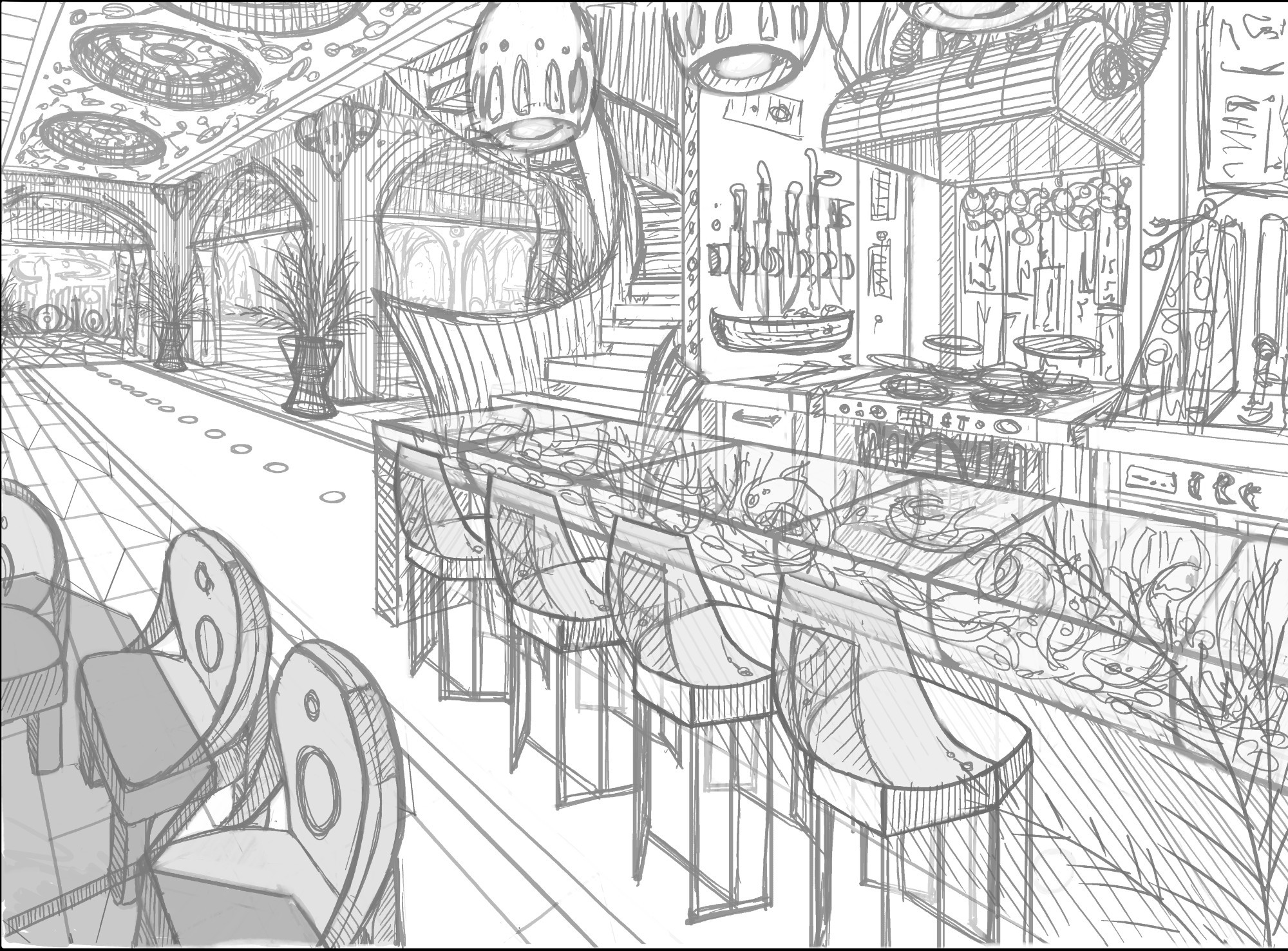 A greyscale rough sketch of a futuristic restaurant interior. 