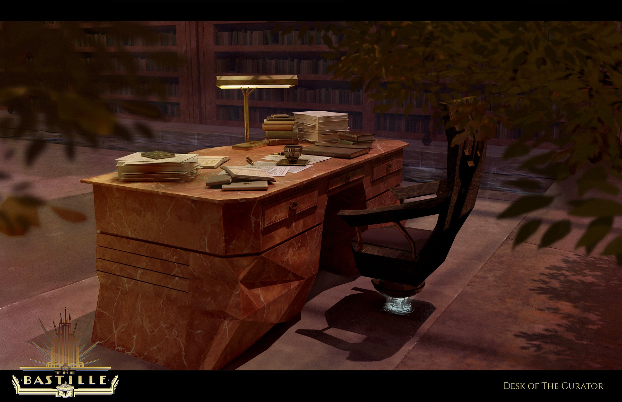 A warmly lit image of a large, executive-style red marble desk covered in stacks of paper, books/journals, a single cup and saucer, and an angular metal lamp. The chair behind the desk appears to be floating or levitating, with a glowing light emitting from the engine beneath the bottom of it. Out of focus leaves frame the image and obscure some of the background. In the background there is a wall of bookshelves and a long, thin rectangular pool of water. The floor is poured concrete. At the bottom of the image is a logo that reads "The Bastille", and a title that reads "Desk of the Curator". #art #conceptart #scifi