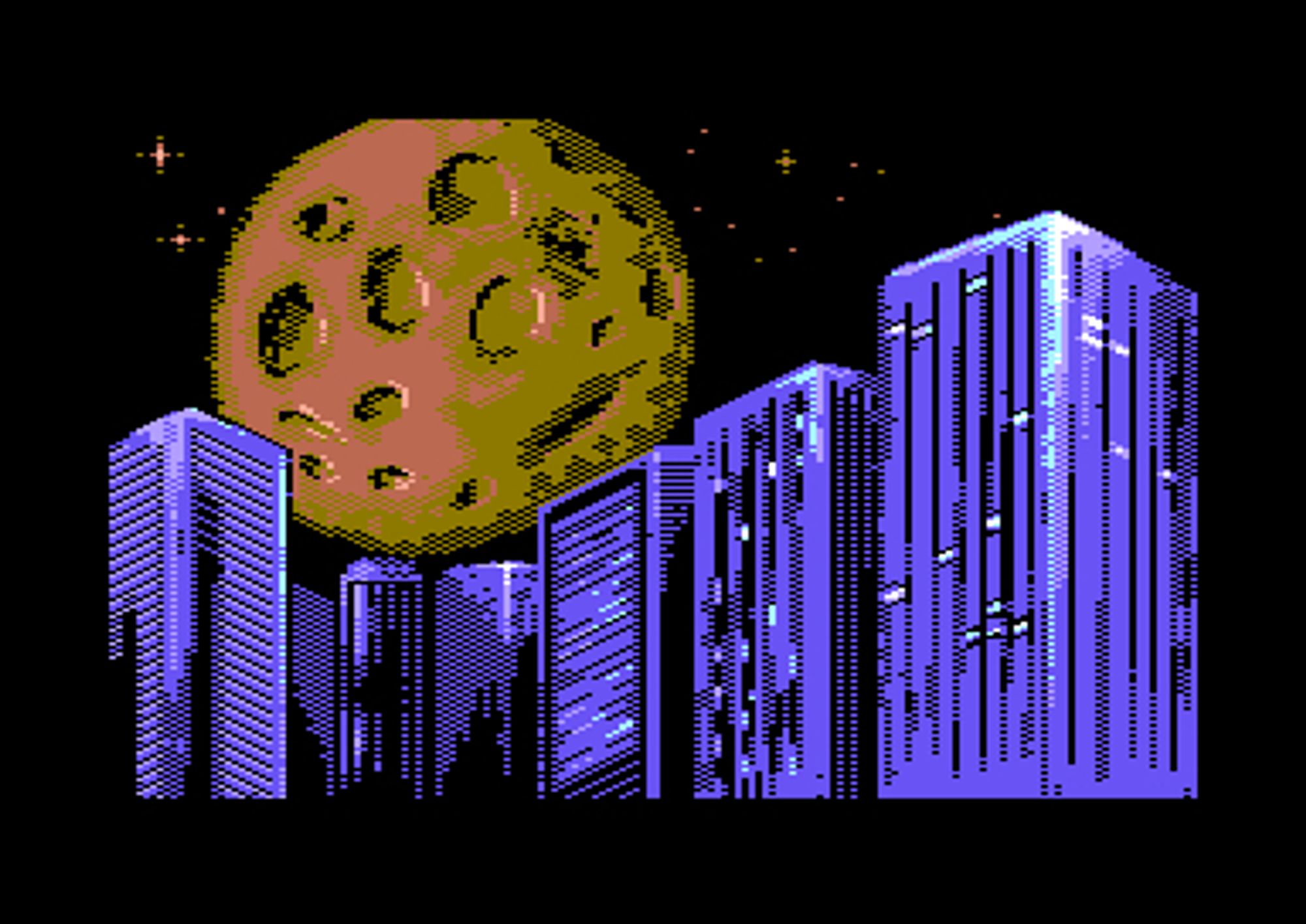 a pixelart of a red brown moon over a city made of blue skyscraper cubes