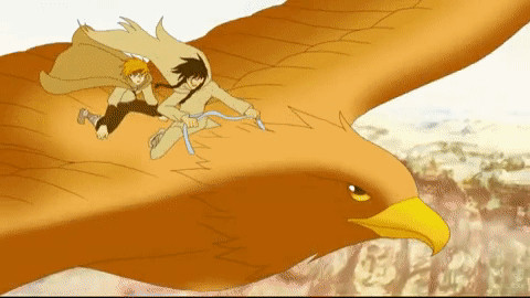 An animated sequence of two adventurers on a large golden eagle flying through a canyon and going into the sea of clouds. 