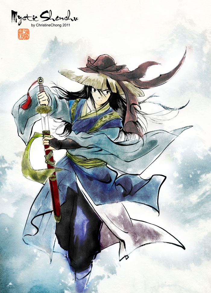 Watercolor ink painting of a long hair boy dressed in wuxia clothing pulling out a chinese wushu style sword, with foggy background. Caligraphy style Text says Mystic Shenshu.