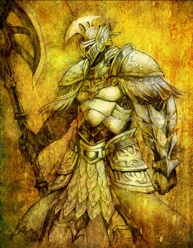 A knight in armor with a large long halberd, over a rough textile paper texture. 