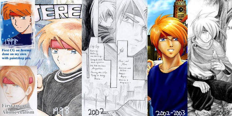 My oc jeremy's various drawings from 1998 to 2003. 