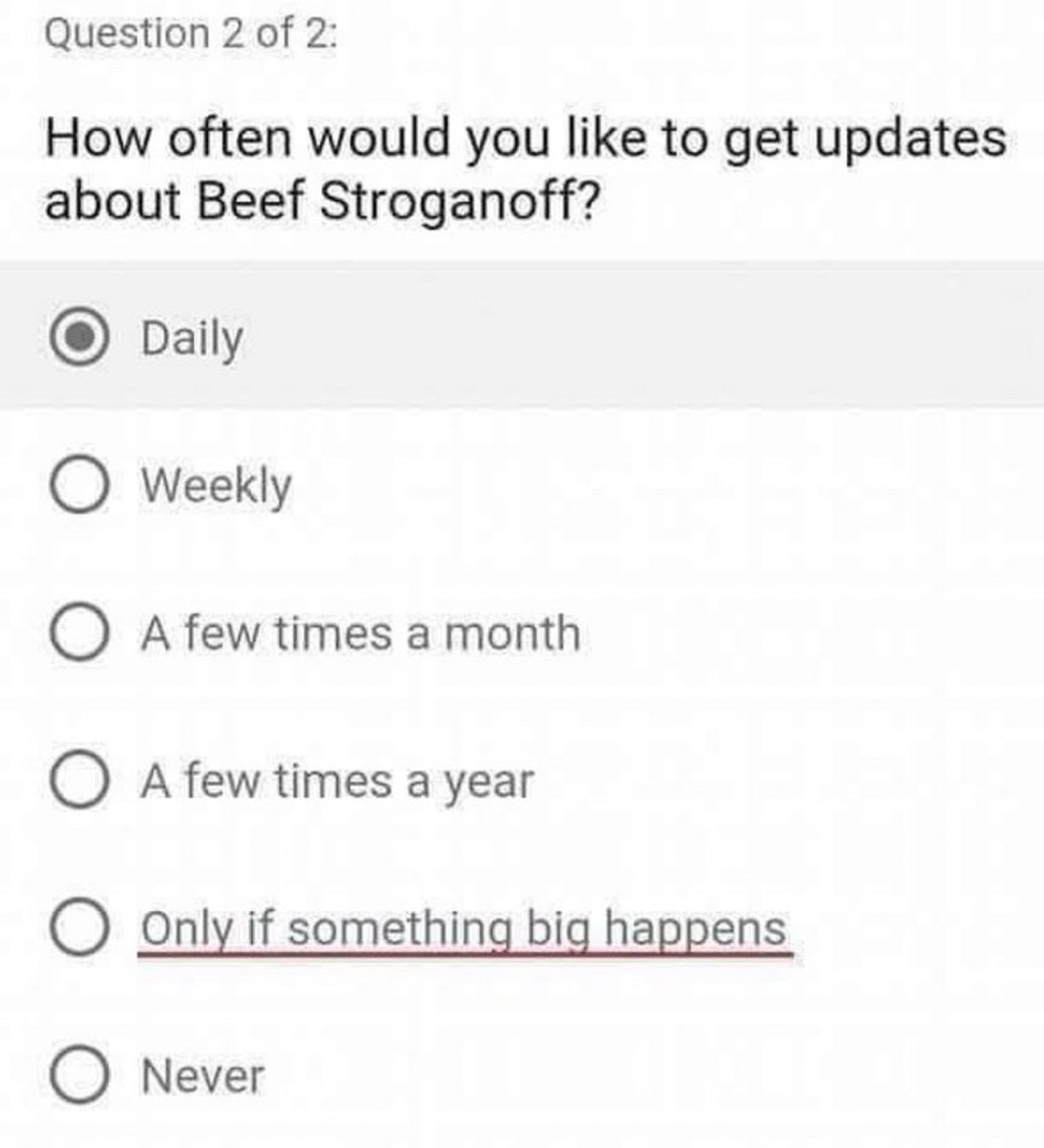 Question 2 of 2:
How often would you like to get updates about Beef Stroganoff?
Daily
Weekly
A few times a month
A few times a year
Only if something big happens
Never