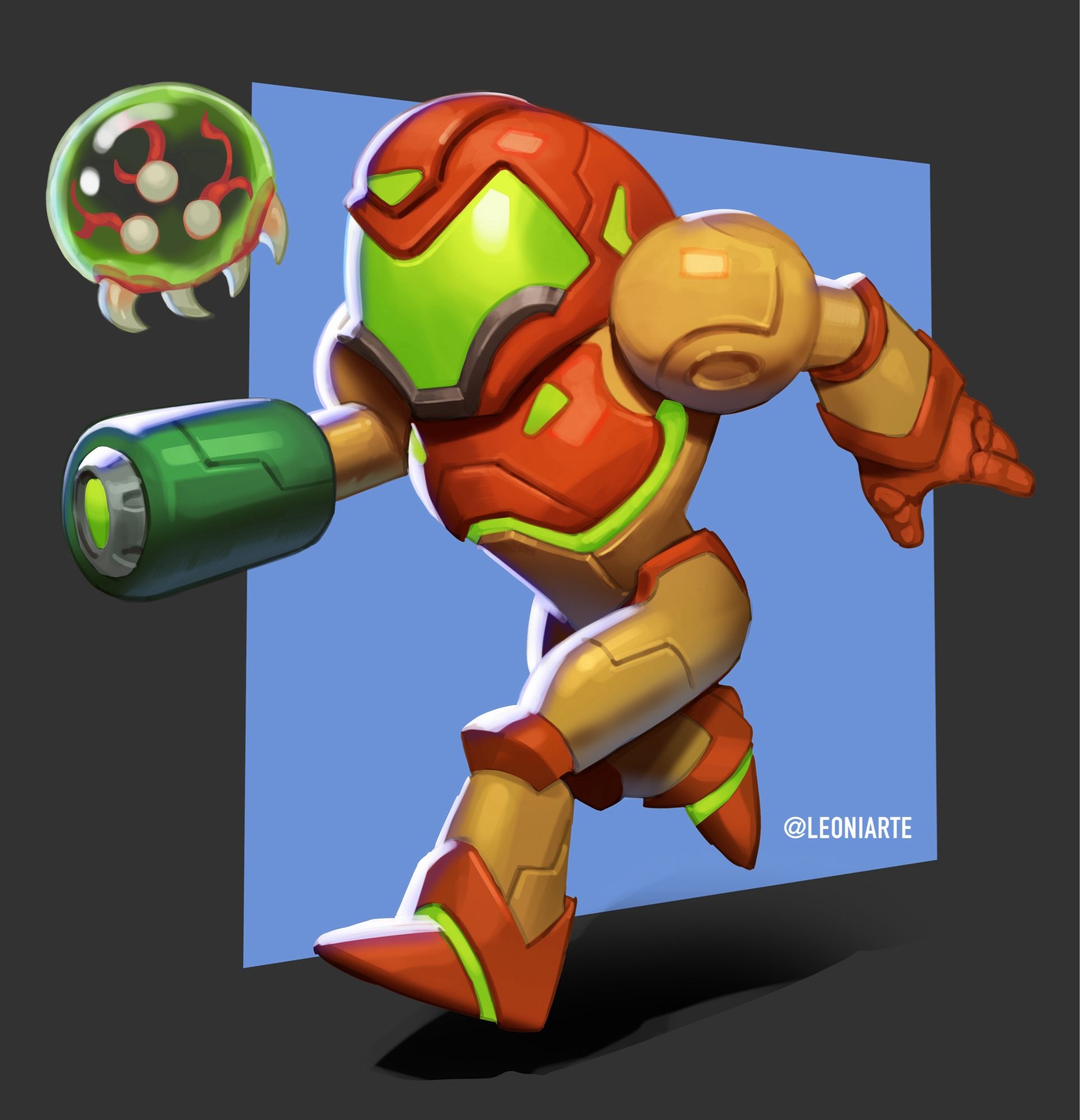 Illustration of Samus Aran from the Metroid series, with full suit and a little Metroid friend.