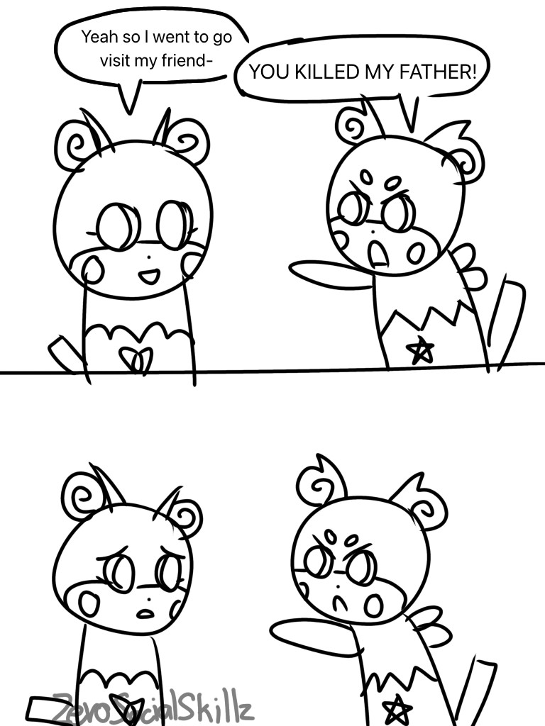 A doodle of a comic based on a comic by fallenchungus. 
The first panel has Coby saying “Yeah so I went to go visit my friend-” 
“You killed my father!” Benny yelled, pointing at Coby with an angry scowl. 

The second panel has Coby looking at Benny with their eyebrows slanting, dumbfounded. Their tail is lower. Benny is still pointing at them with an angry face. 