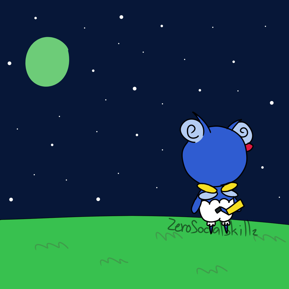 A drawing of Coby in a grassy field underneath a starry sky. Coby is looking at the green moon, facing away from the camera. 