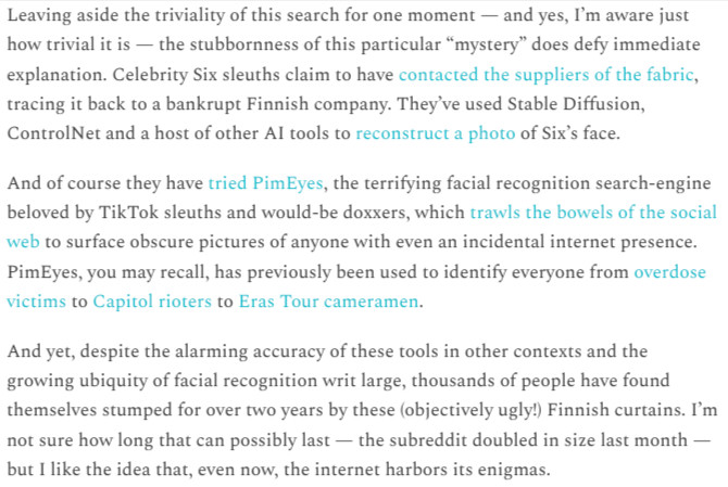 Leaving aside the triviality of this search for one moment — and yes, I’m aware just how trivial it is — the stubbornness of this particular “mystery” does defy immediate explanation. Celebrity Six sleuths claim to have contacted the suppliers of the fabric, tracing it back to a bankrupt Finnish company. They’ve used Stable Diffusion, ControlNet and a host of other AI tools to reconstruct a photo of Six’s face.

And of course they have tried PimEyes, the terrifying facial recognition search-engine beloved by TikTok sleuths and would-be doxxers, which trawls the bowels of the social web to surface obscure pictures of anyone with even an incidental internet presence. PimEyes, you may recall, has previously been used to identify everyone from overdose victims to Capitol rioters to Eras Tour cameramen.

And yet, despite the alarming accuracy of these tools in other contexts and the growing ubiquity of facial recognition writ large, thousands of people have found themselves stumped for over