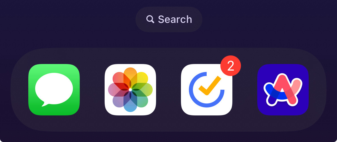 screenshot of my phone’s dock, with Safari replaced with Arc Search! the other apps in my dock are Messages, Photos, and TickTick