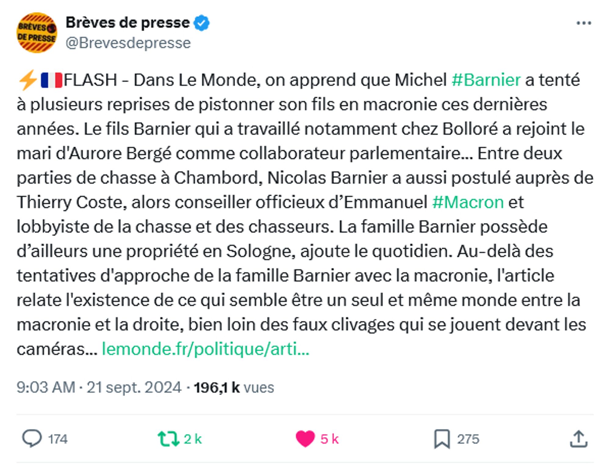 Post de "Brèves de Presse" sur X relatant les combines des Barnier, père et fils, dans le monde étroitement lié de la macronie et de la droite