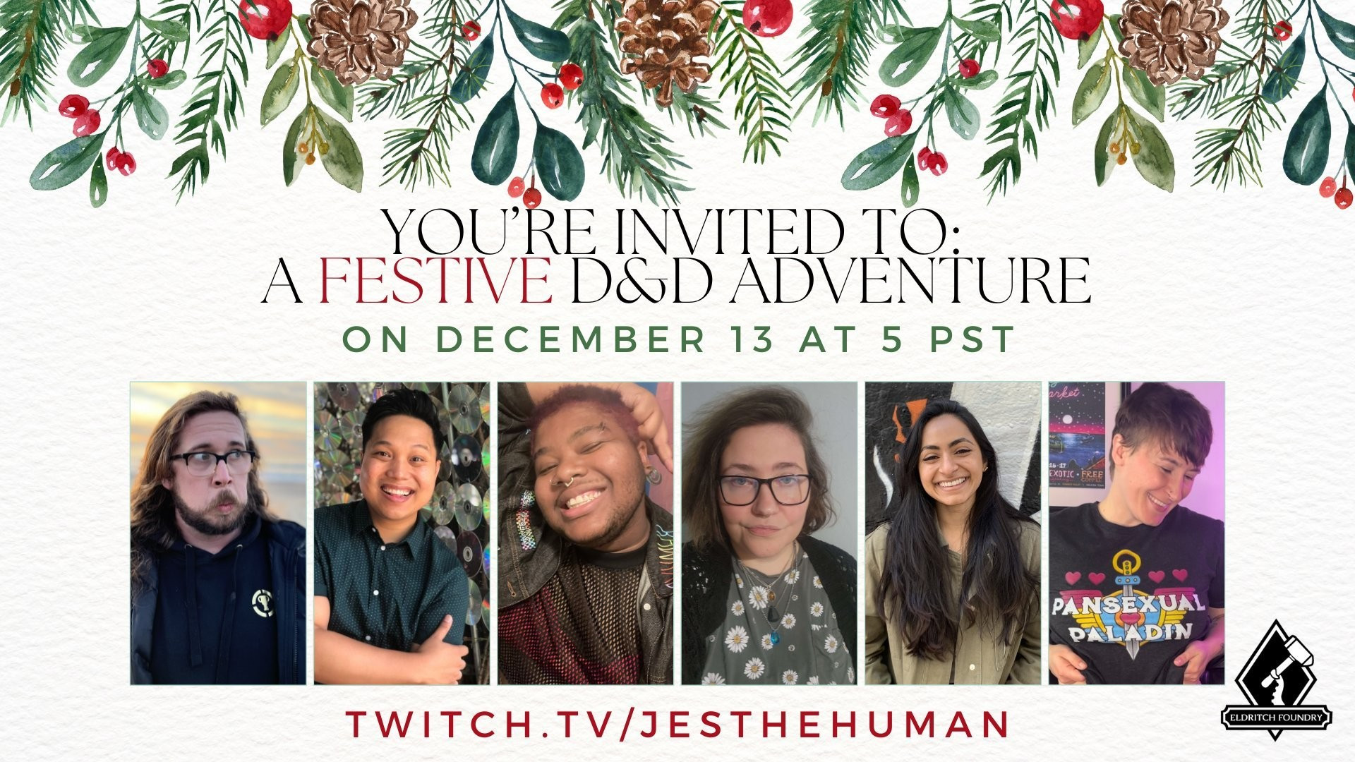 this is a promo photo featuring photos of the cat. There is some mistletoe on the top of the page and there is text that says you're invite to a festive D&D adventure