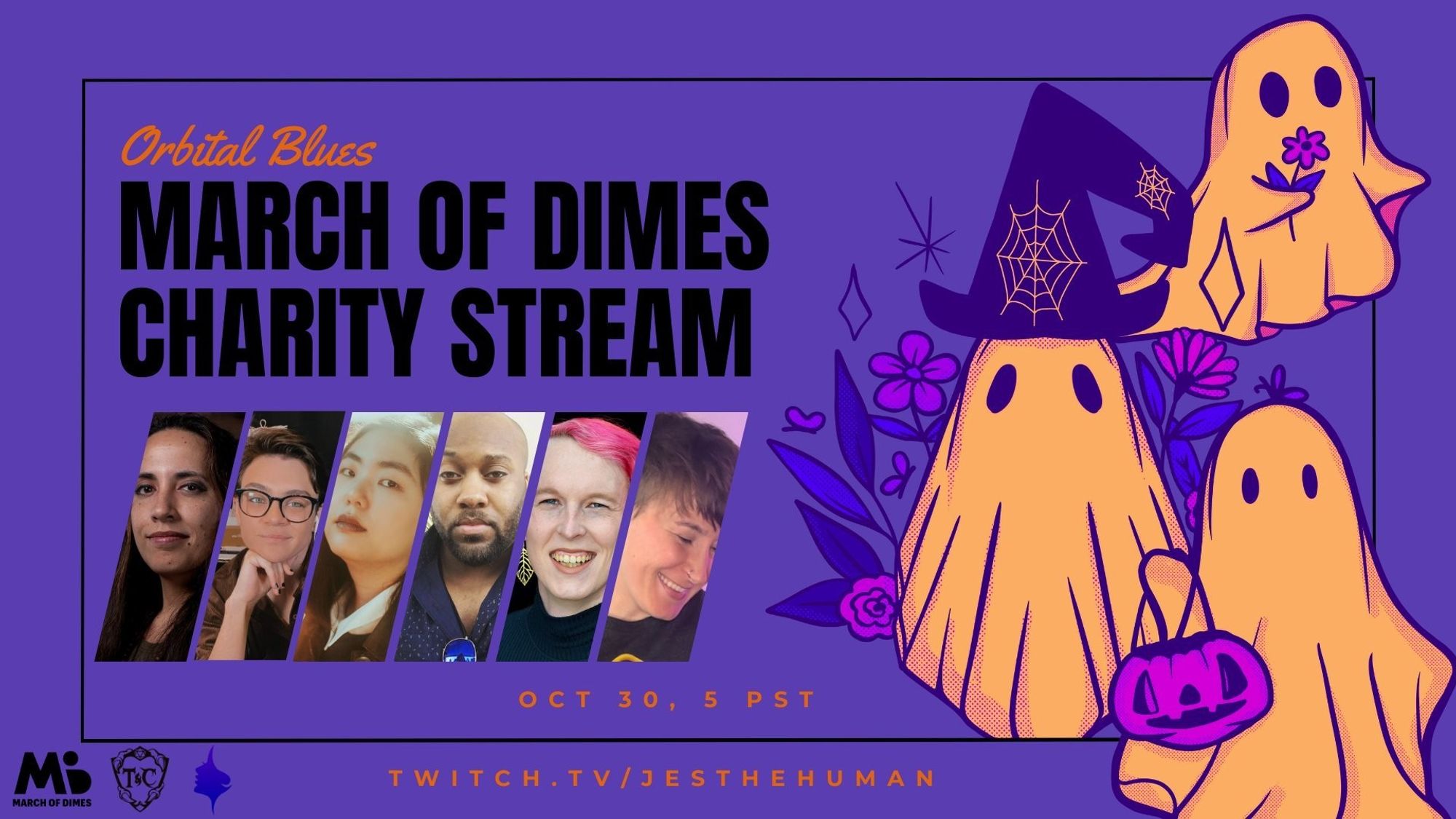 this is a promo graphic of the stream the tweet mentions. It has a cast photo of each member tagged in the post plus a march of dimes and talon and claw logo. there are three cute ghosts on the right side of the graphic. there is also a link to twitch.tv/jesthehuman where the stream will be hosted