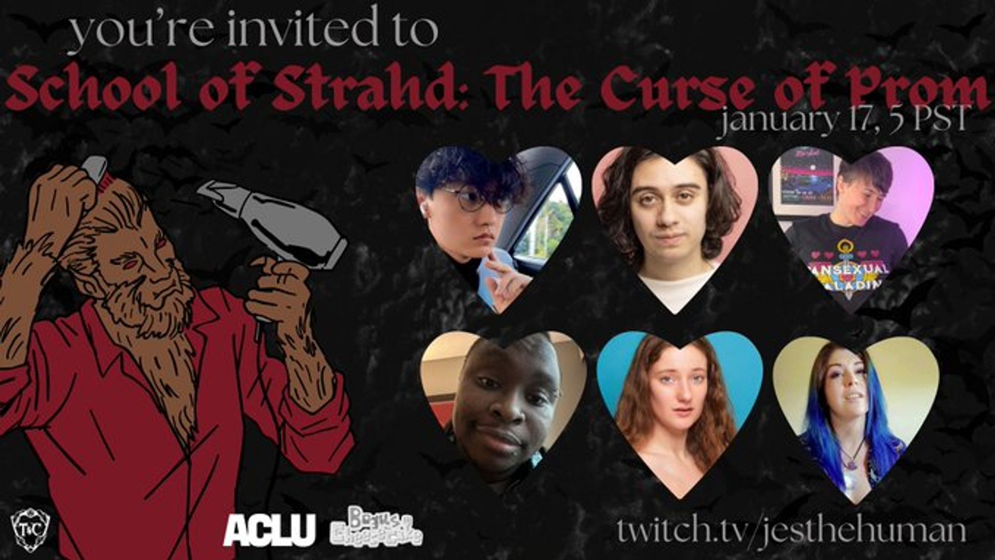 this is a promo photo featuring the cast photos, there is also a talon and claw, alcu, and bogus cheesecake logo. this will be streamed at twitch.tv/jesthehuman