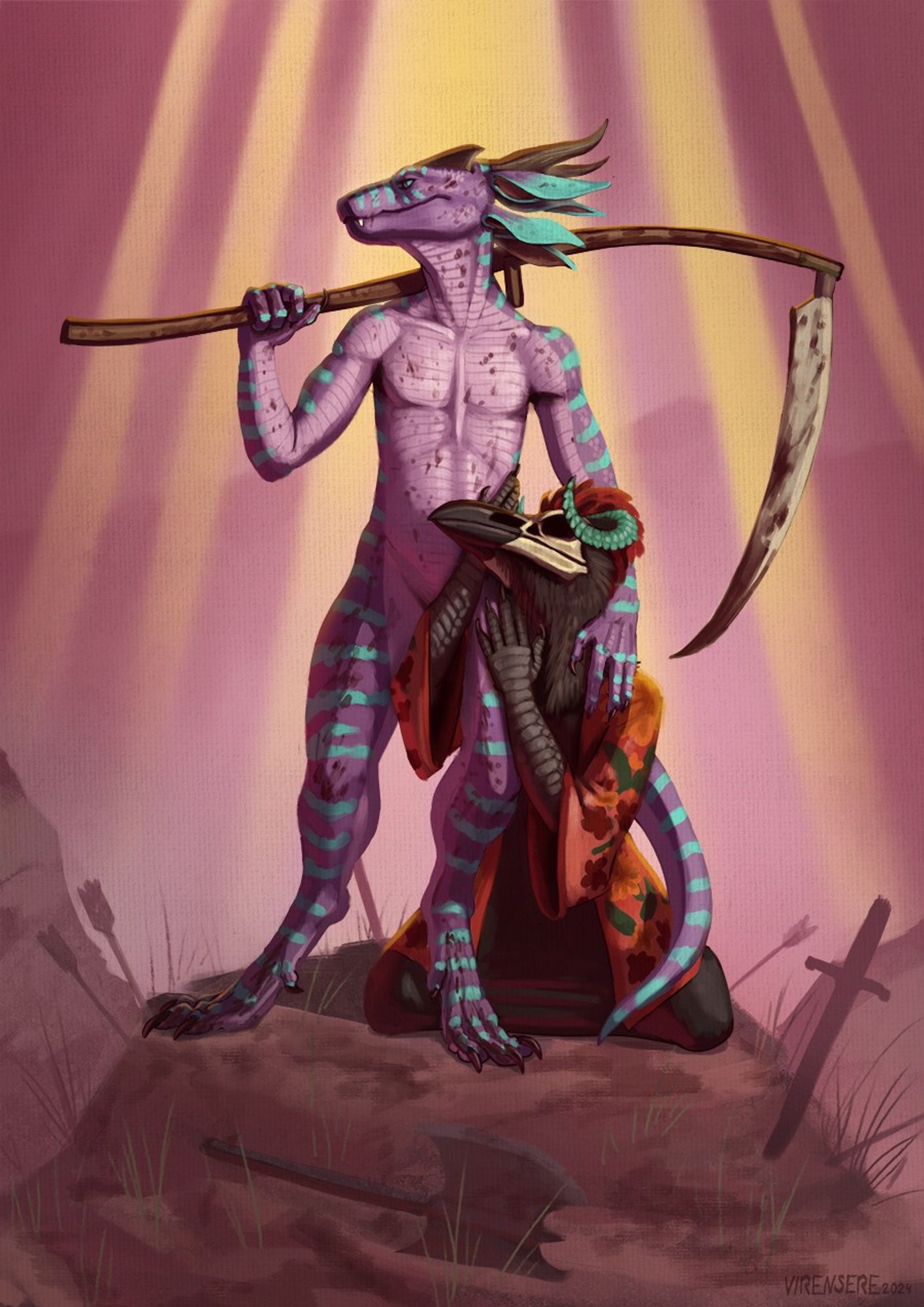 Digital painting of a kobold standing tall atop a mound with a scythe over their shoulder. An individual with a ravens skull head is at their feet, looking up in adorement