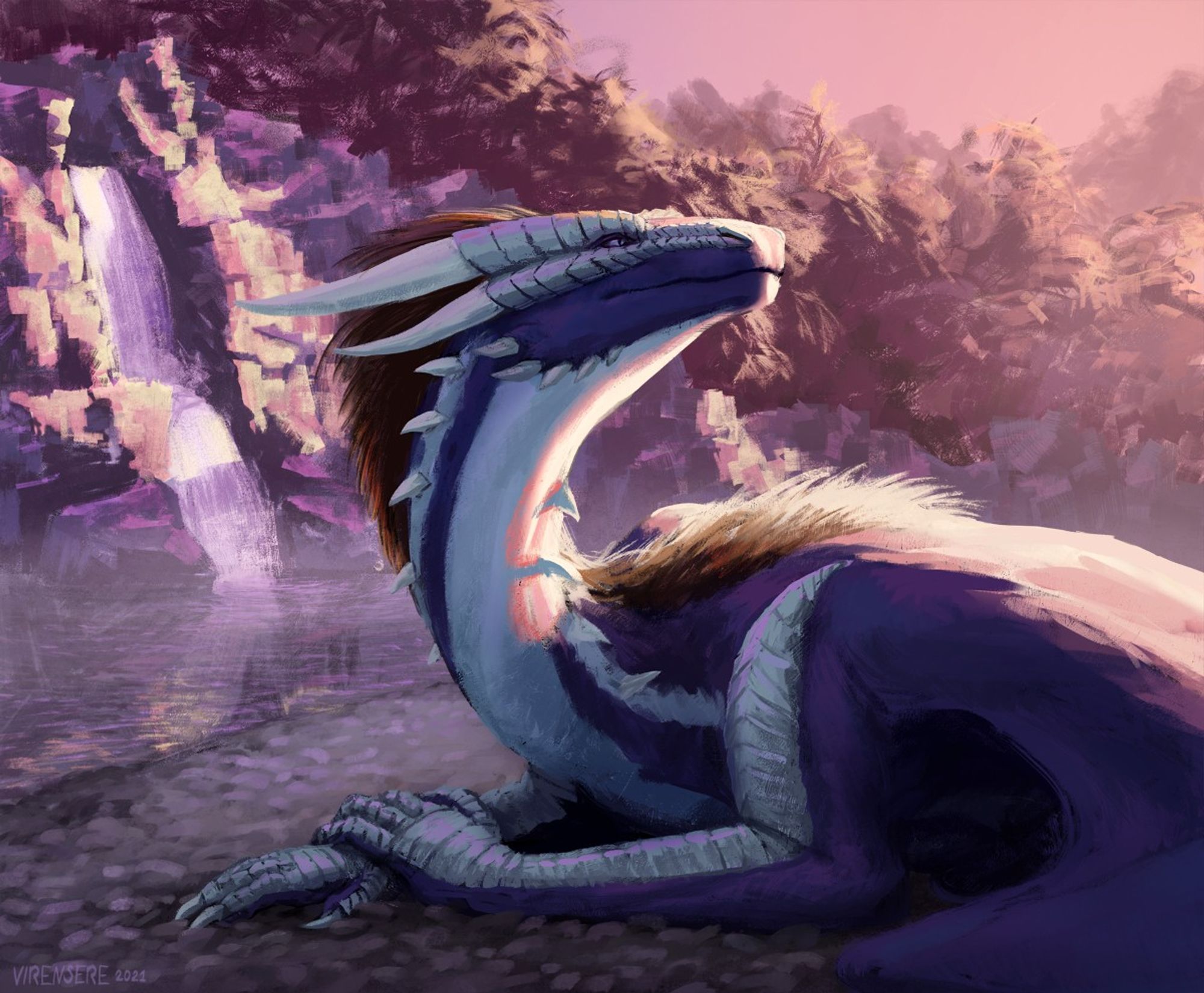 A dragon peacefully lying down near a straem, enjoying the sun of a sunset or sunrise