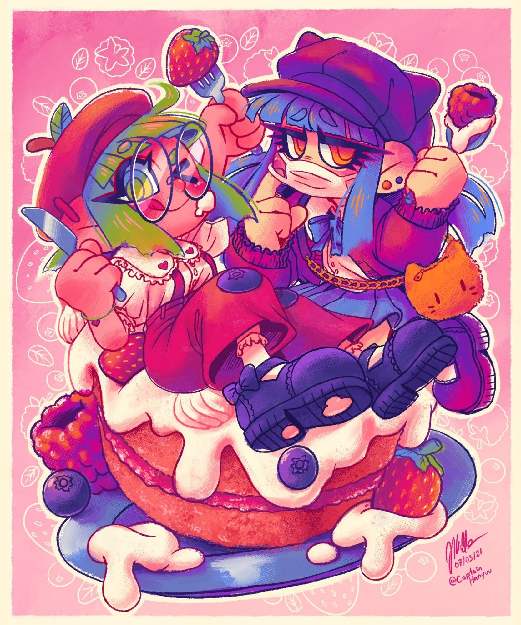 My original characters CMYK-chan and RGB-chan in alternative outfits, enjoying an oversized berry cake