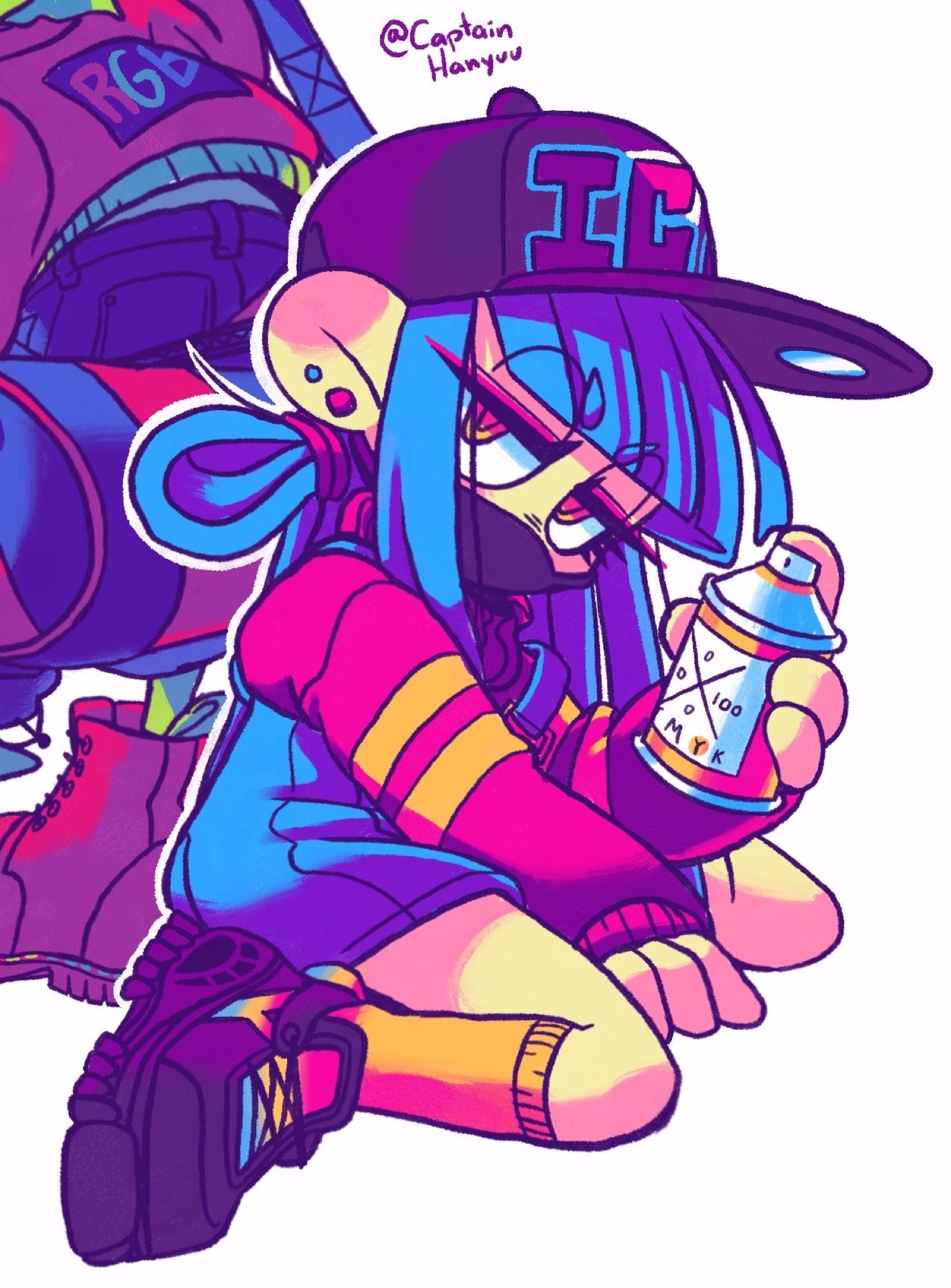 CMYK-chan in an alternative outfit. She is sitting on the floor with a soray can in her hand.