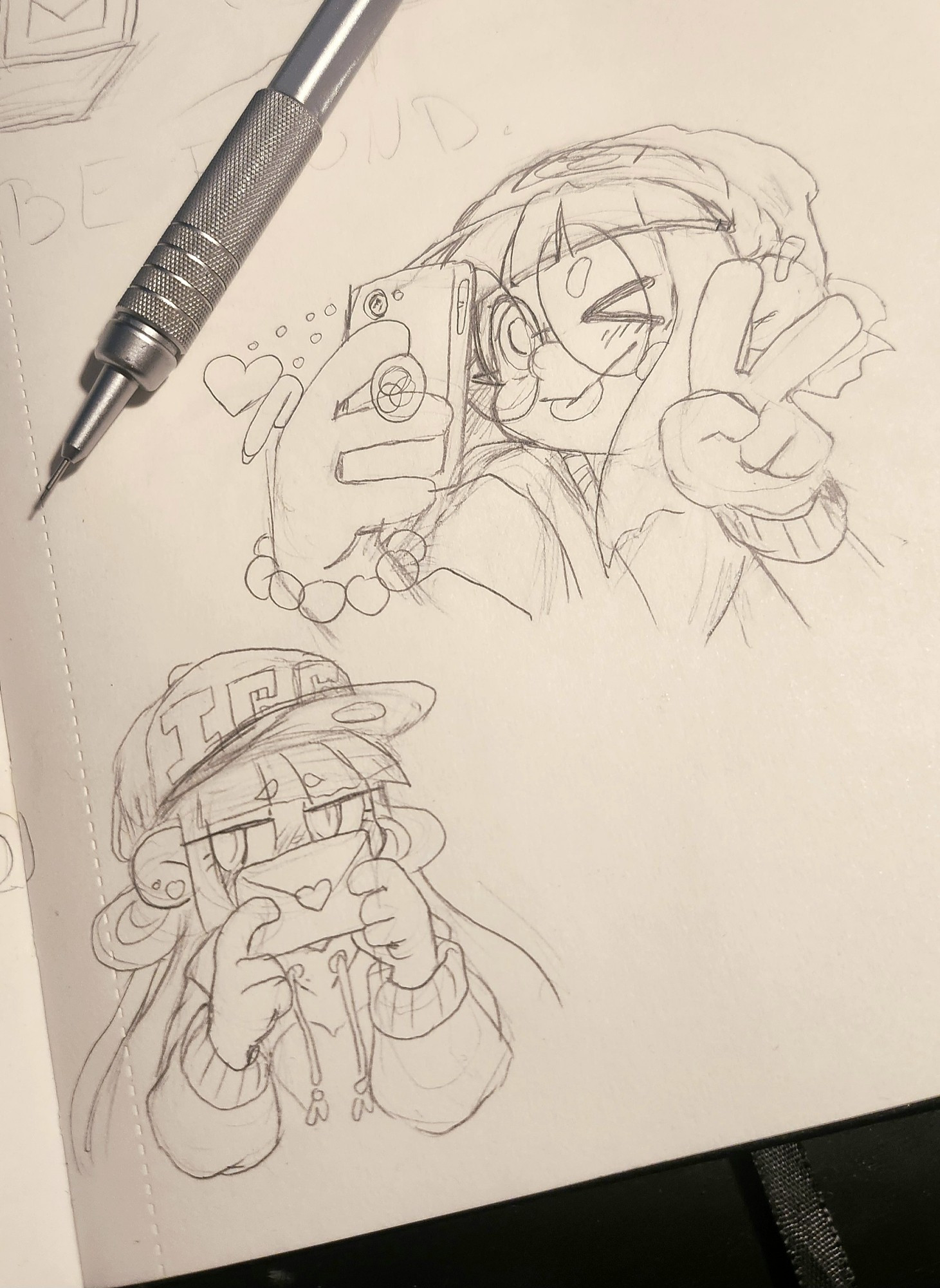 Sketch of my OCs RGB-chan and CMYK-chan. RGB-chan is taking a selfie while CMYK-chan is holding a love letter