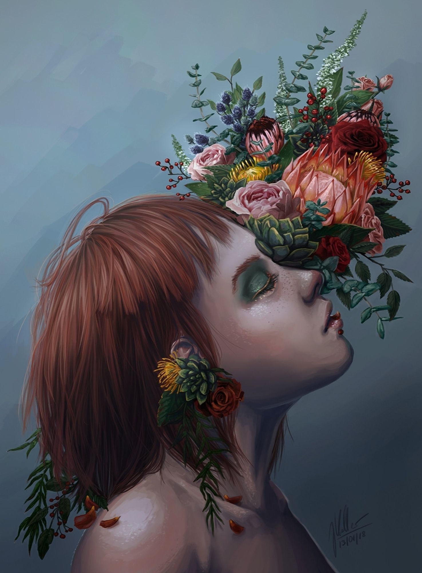 A girl with closed eyes from a profile view. Out of her eye sprouts a flower bouquet. 

Fun fact: my dad hates this piece because of the implied body horror LOL