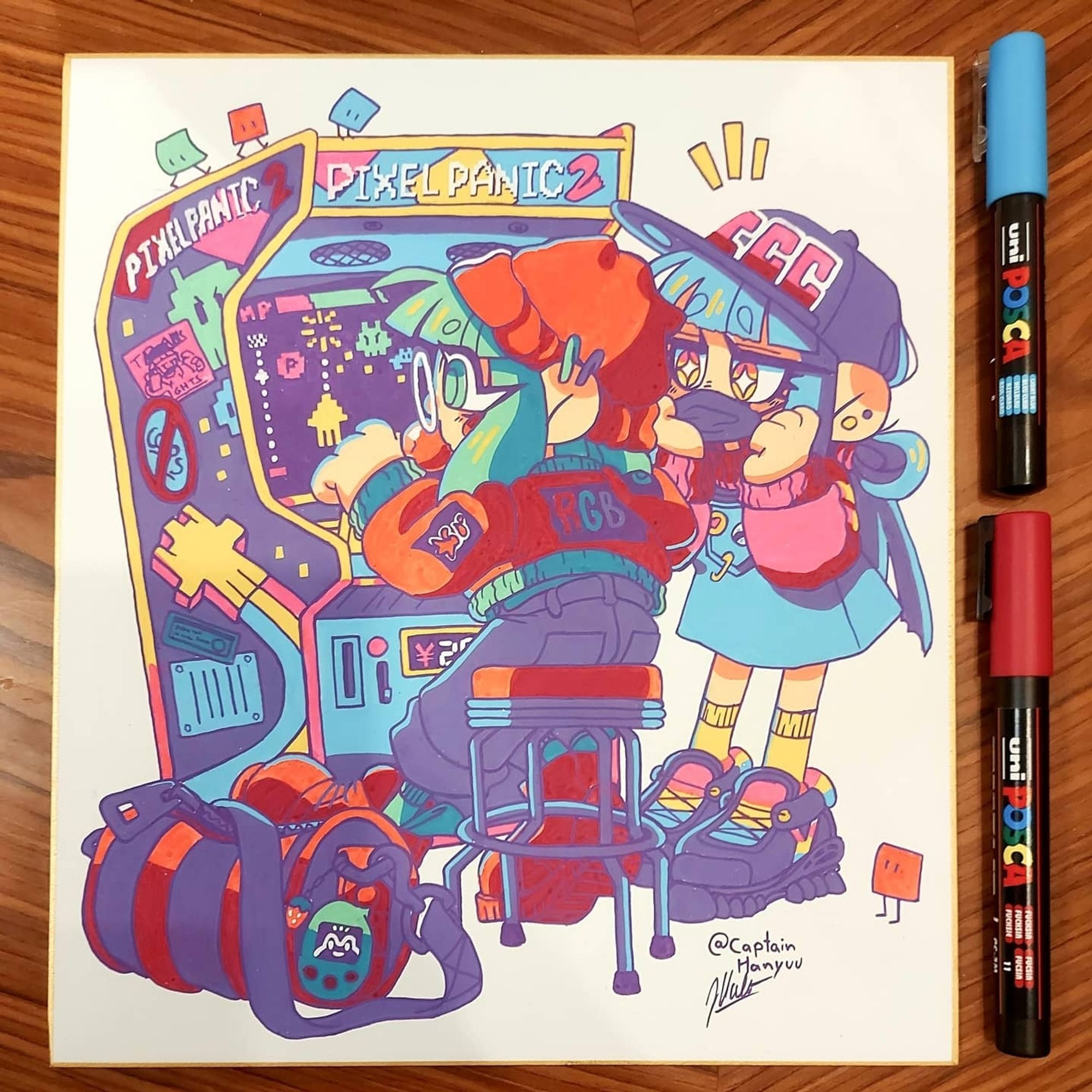 Posca drawing on a Shikishi cardstock paper. My original characters CMYK-chan and RGB-chan in an arcade setting. RGB-chan is trying to go for the high score in Pixel Panic 2 while CMYK-chan watches in awe and cheers her girlfriend on!