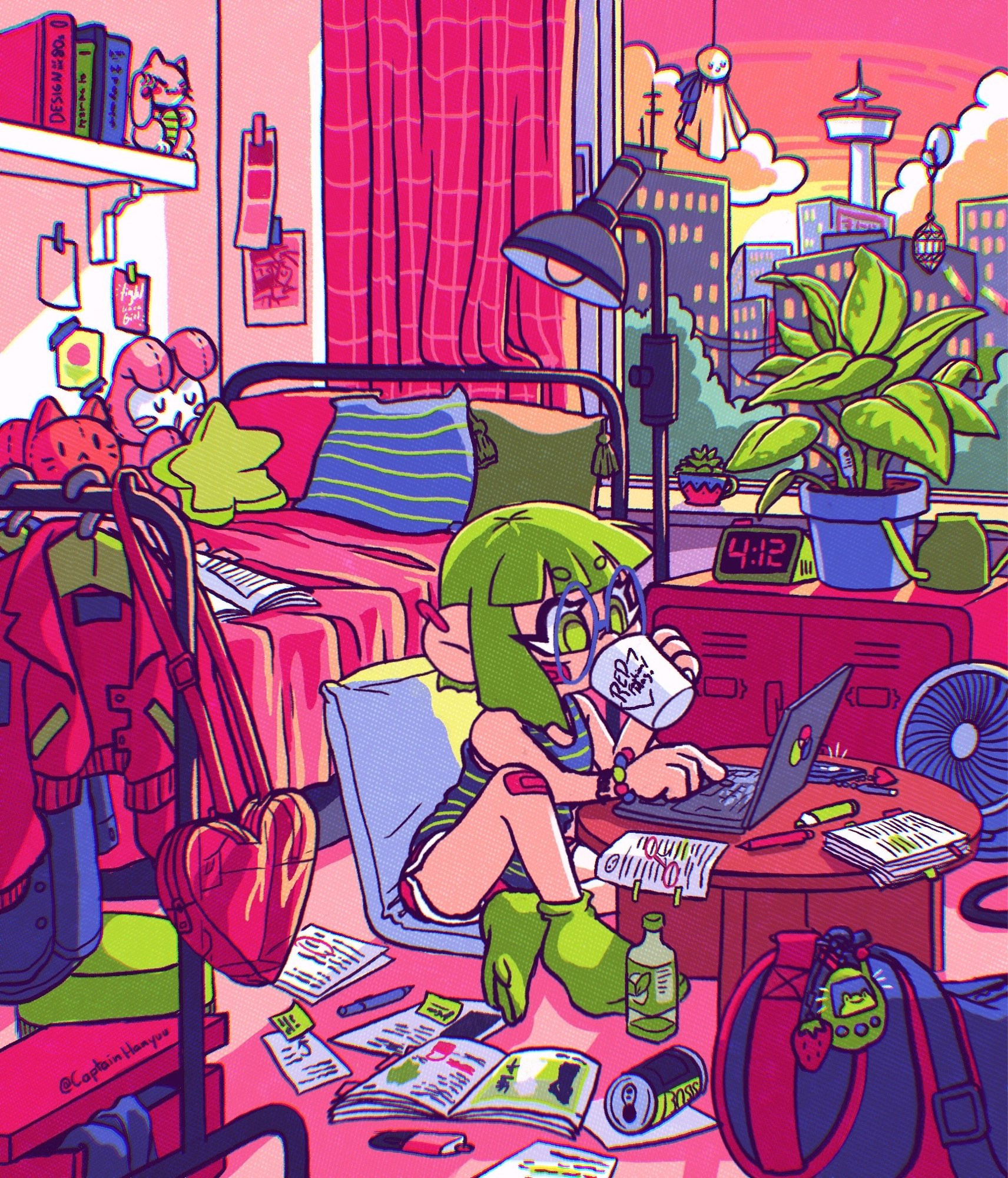 View into my original character RGB-chans room. She is sitting at a coffee table typing on her laptop. Her room is a mess and covered in research notes and magazines. She has a small bed with lots of plushies and pillows and a clothing rack in the corner.