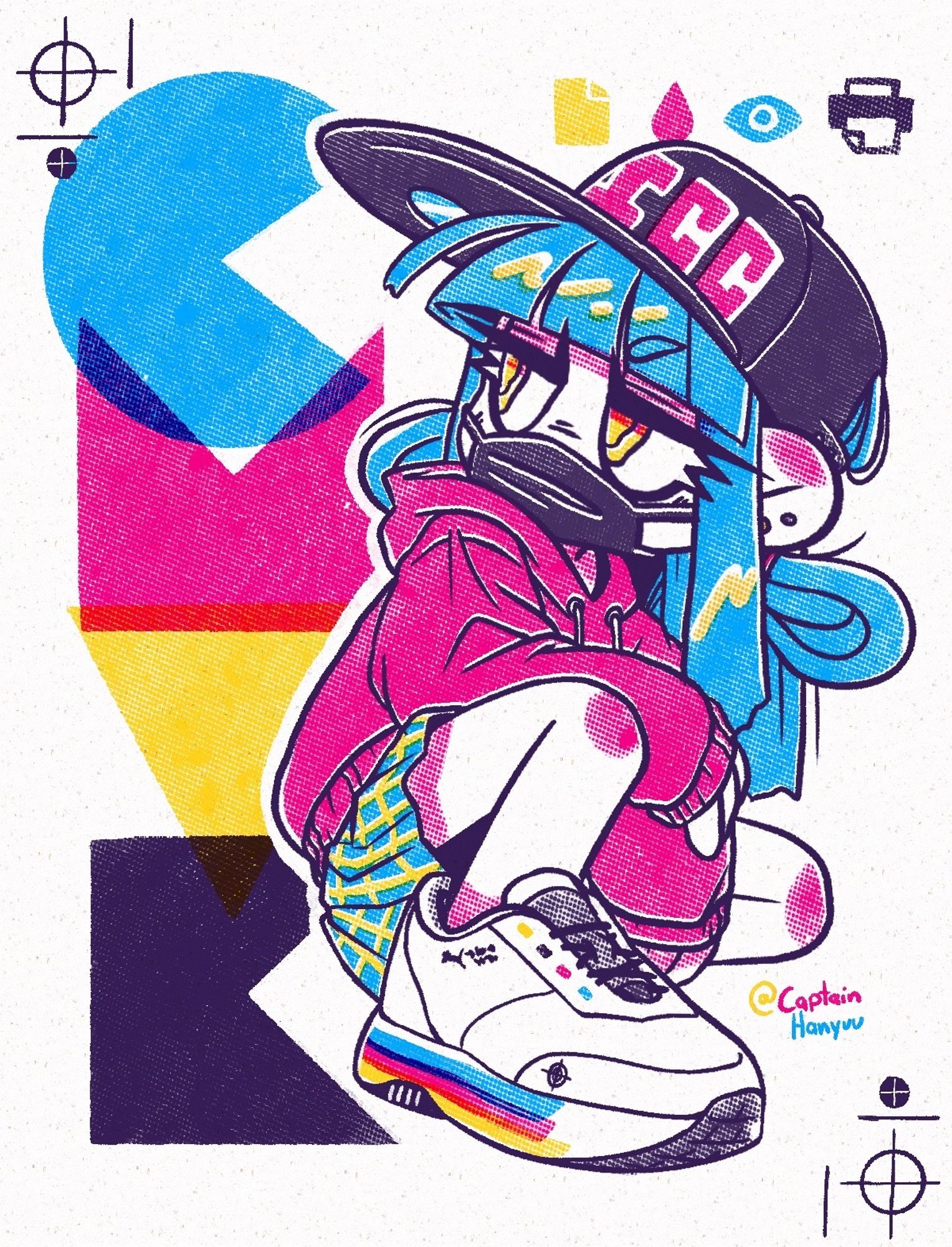 CMYK-chan showing off CMYK-branded Sneakers. The entire image is done in halftones.