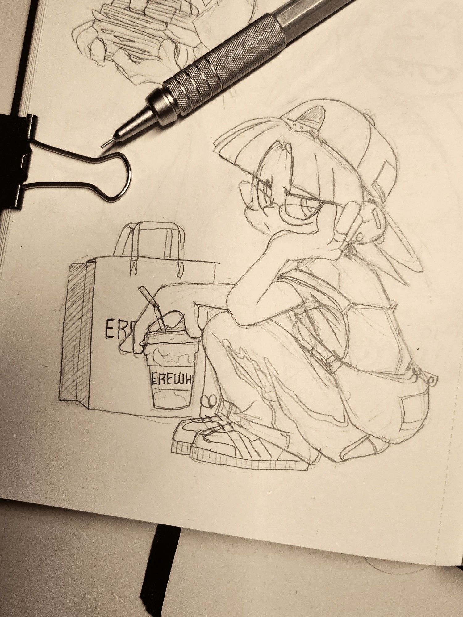 Sketch of my OC Pantone-san. They are squatting with an Erewhon smoothie and shopping bag.