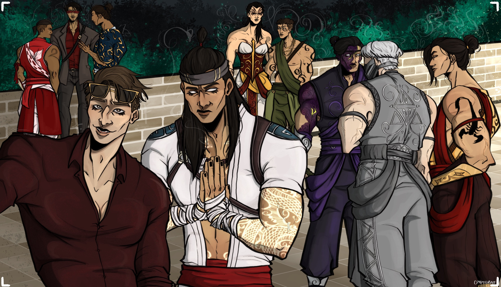 Johnny taking photo of Earthrealm gang. Liu has his hands clasped together beside him. Lin Kuei brothers are chatting together behind Liu. Lao, Raiden and Kenshi talking in a group while Ashrah and Syzoth stand together alone.