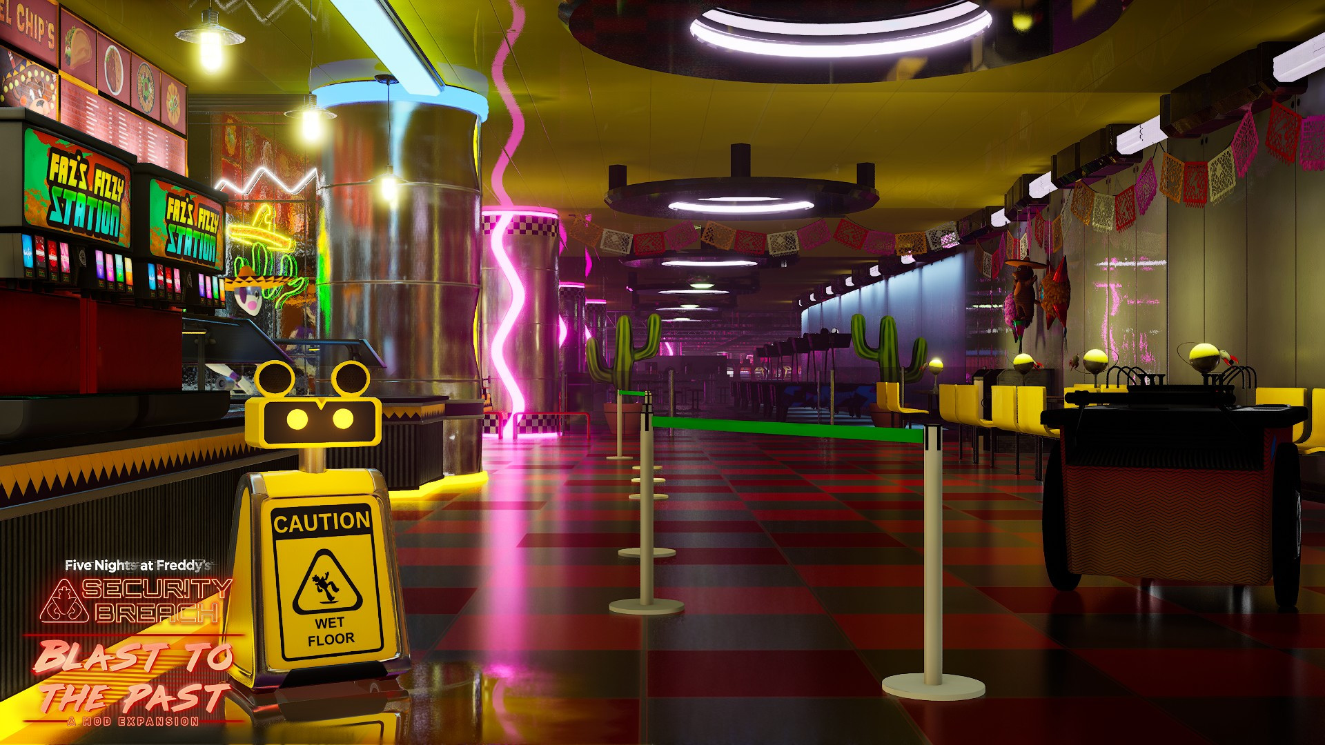 El Chip's from its previous build in Blast to the Past! where it's remade to look like a past teaser image for FNaF: Security Breach. Features a Wet Floor Bot and a Fiesta STAFF Bot.