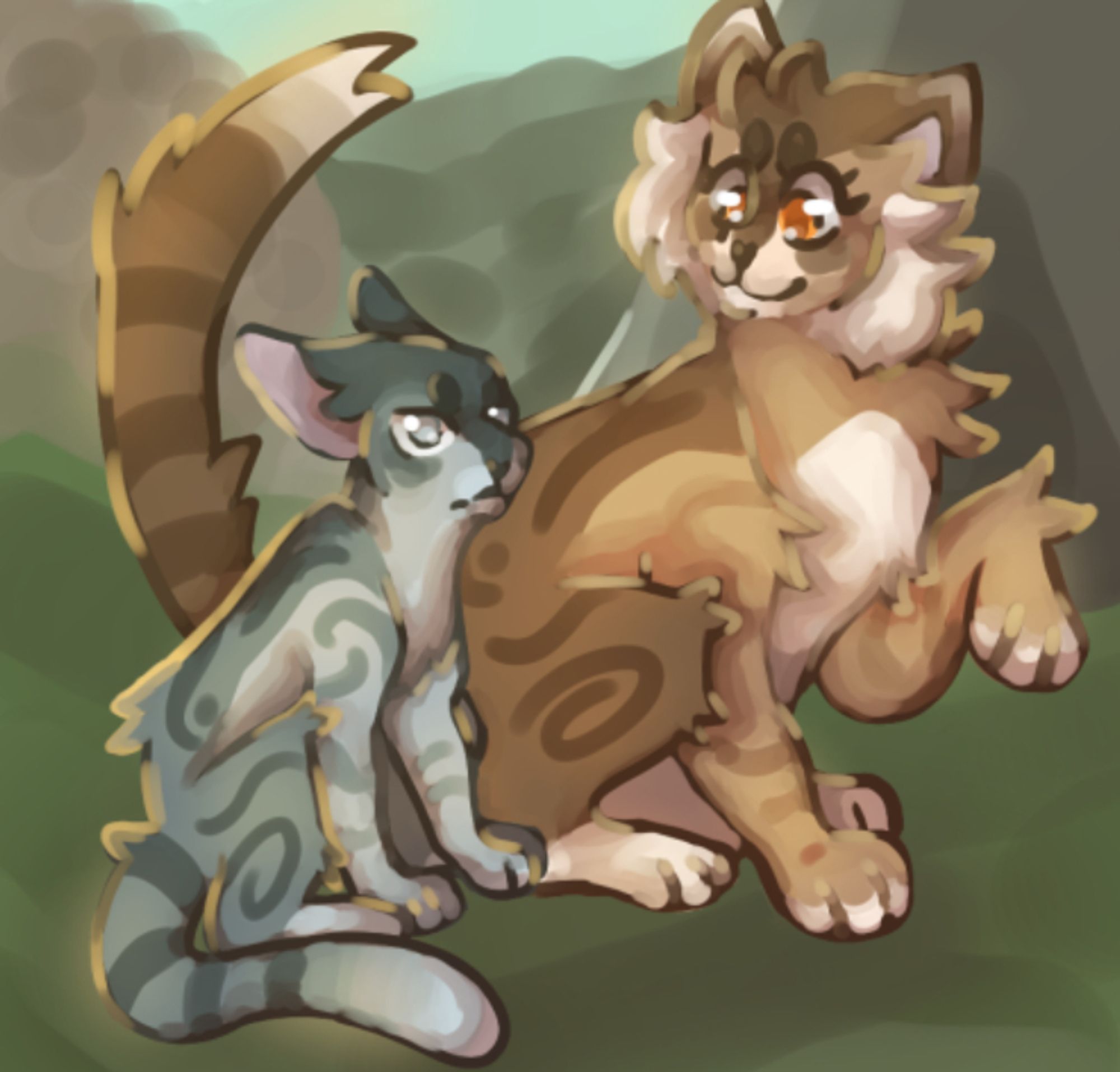 two cats sitting side by side, one of them a brown tabby and the other, much smaller, a grey tabby. the grey tabby looks annoyed whilst the other is smiling with her paw raised, looking at him. the style is soft and painterly with a thick brush being used.