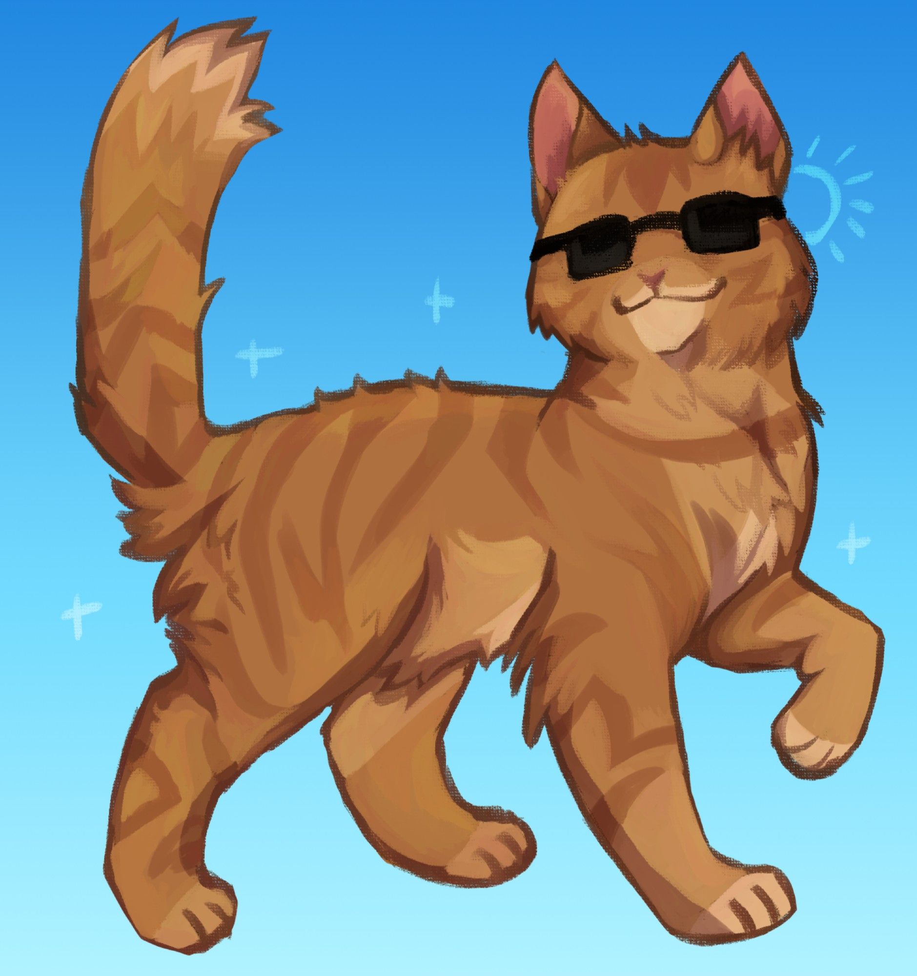 digital painting of a ginger tabby cat with one paw raised, head turned to be front-facing, slightly tilted up, grinning, with sunglasses