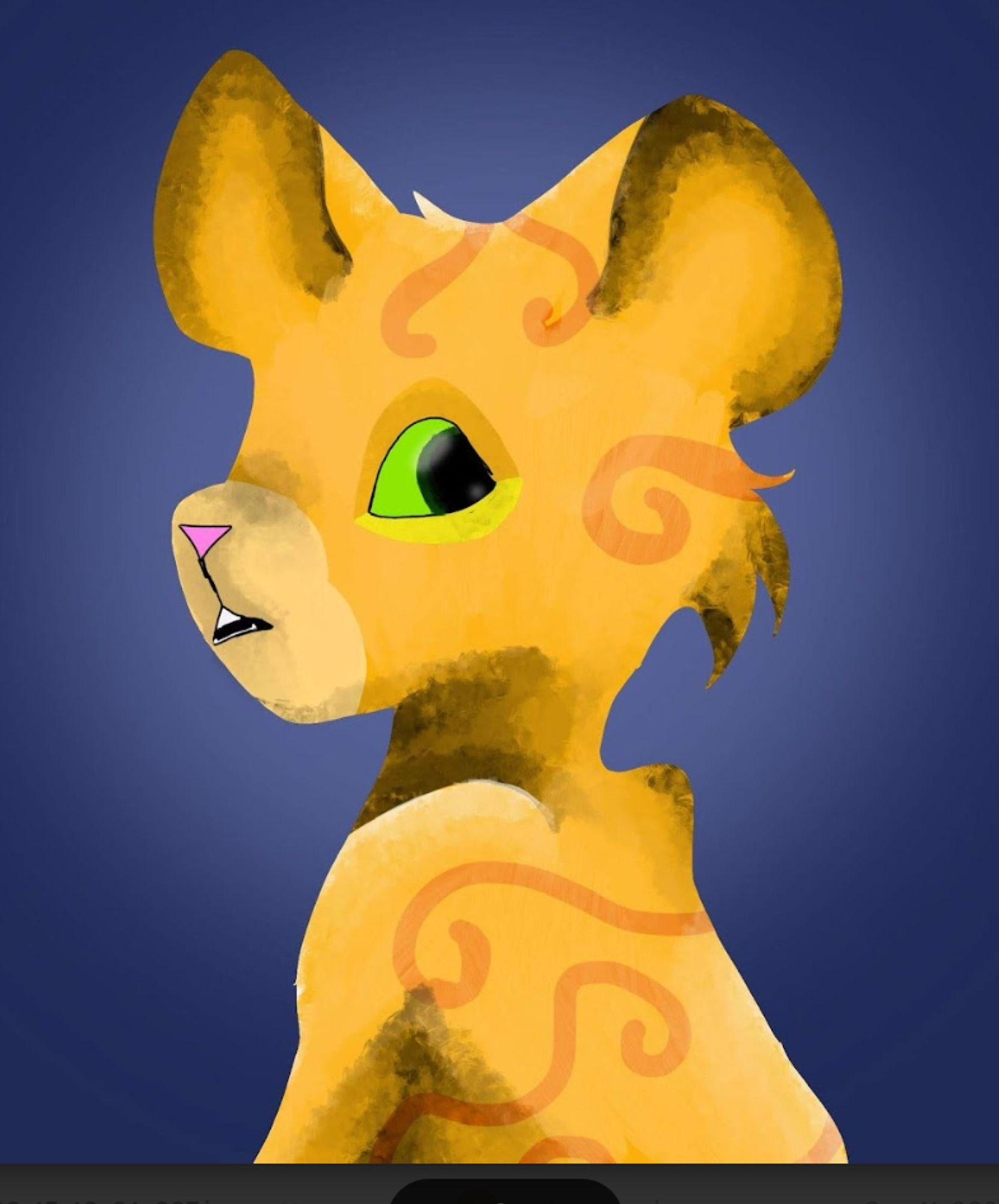 painting of a golden lion looking over her shoulder. she has darker golden swirls and greener eyes. the shading is muddy and chunky (because its old, i was 11 or 12 at the time)