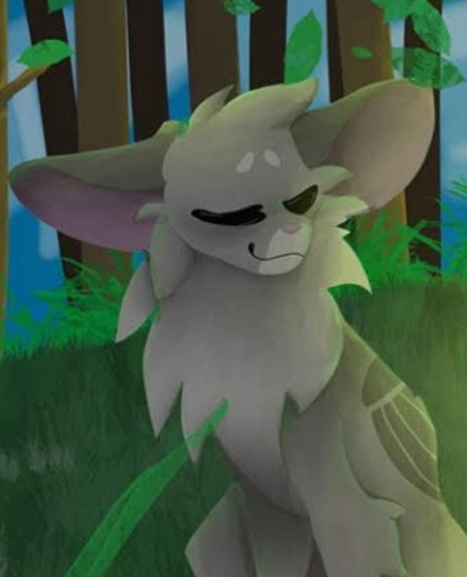 painting of a grey cat with fluffy fur and large ears, with a forest behind her. she has soft rendering with darker greys.