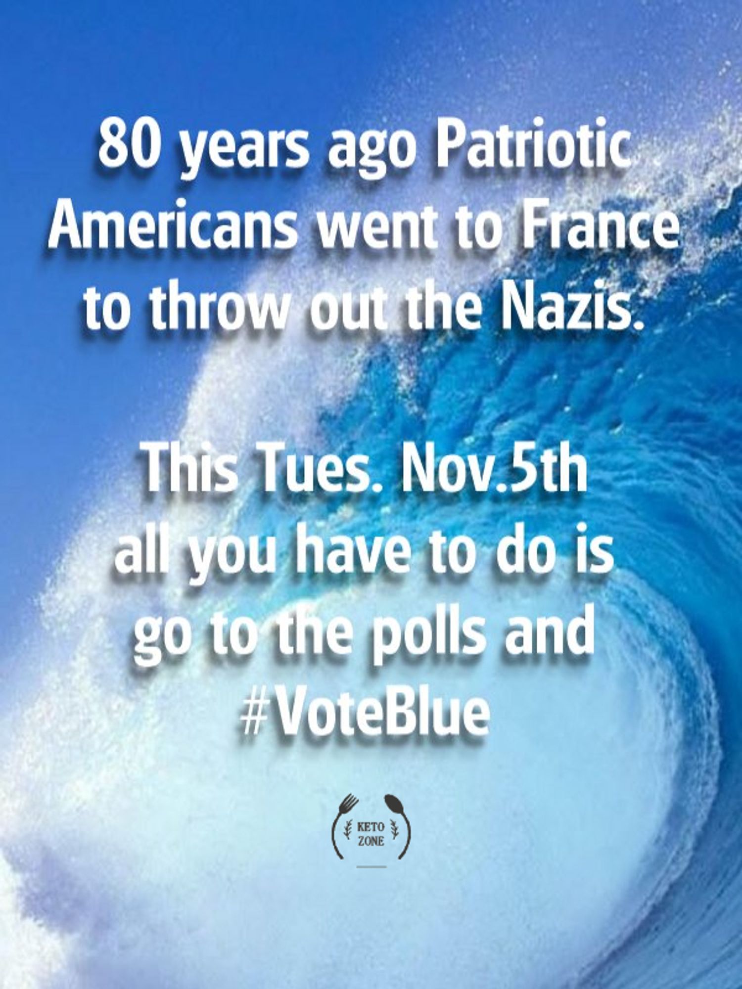 80 years ago Patriotic Americans went to France to throw out the Nazis.

This Tues. Nov. 5th, all you have to do is go to the polls and #VoteBlue