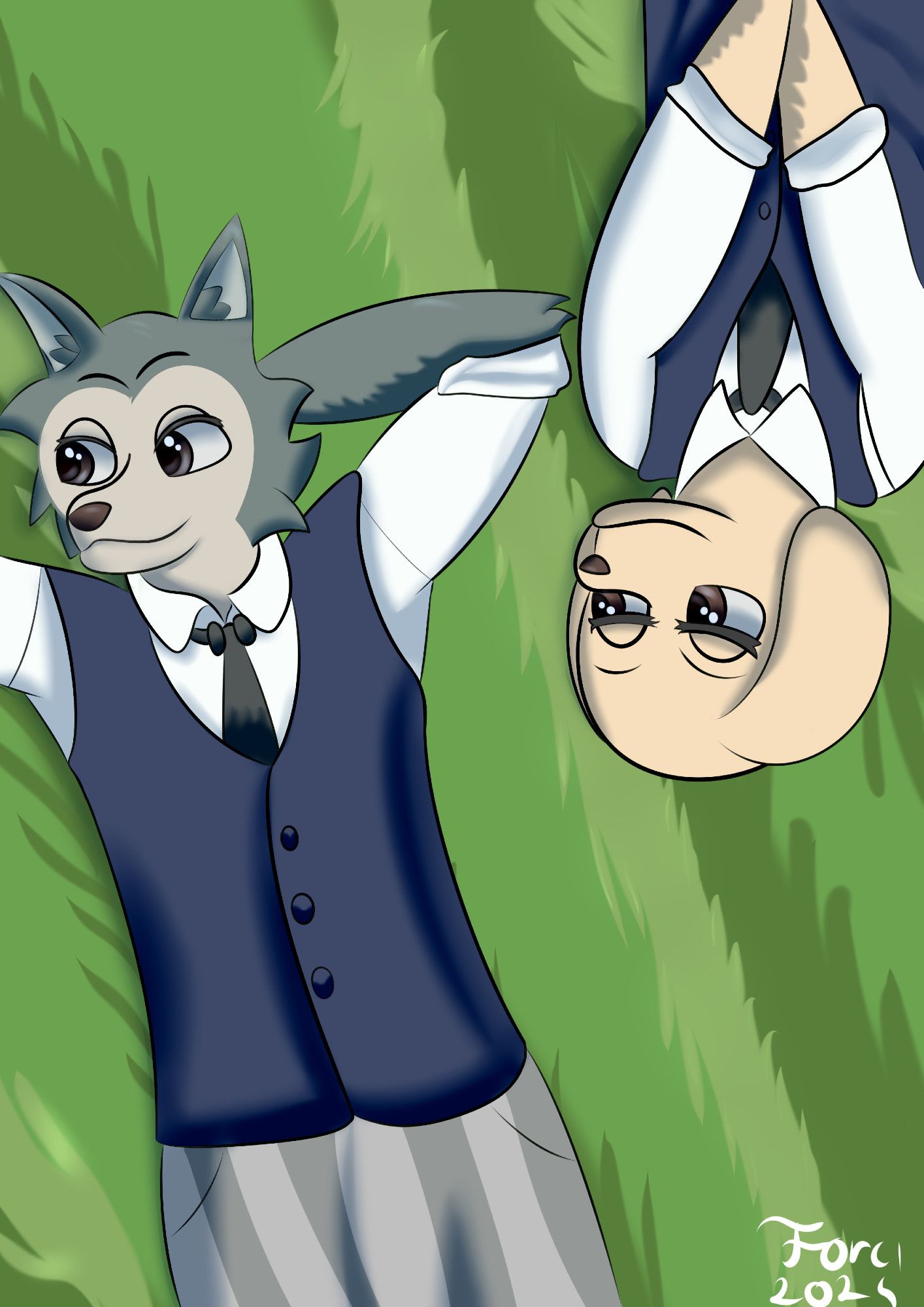 Legoshi and Jack from Beastars laying in grass