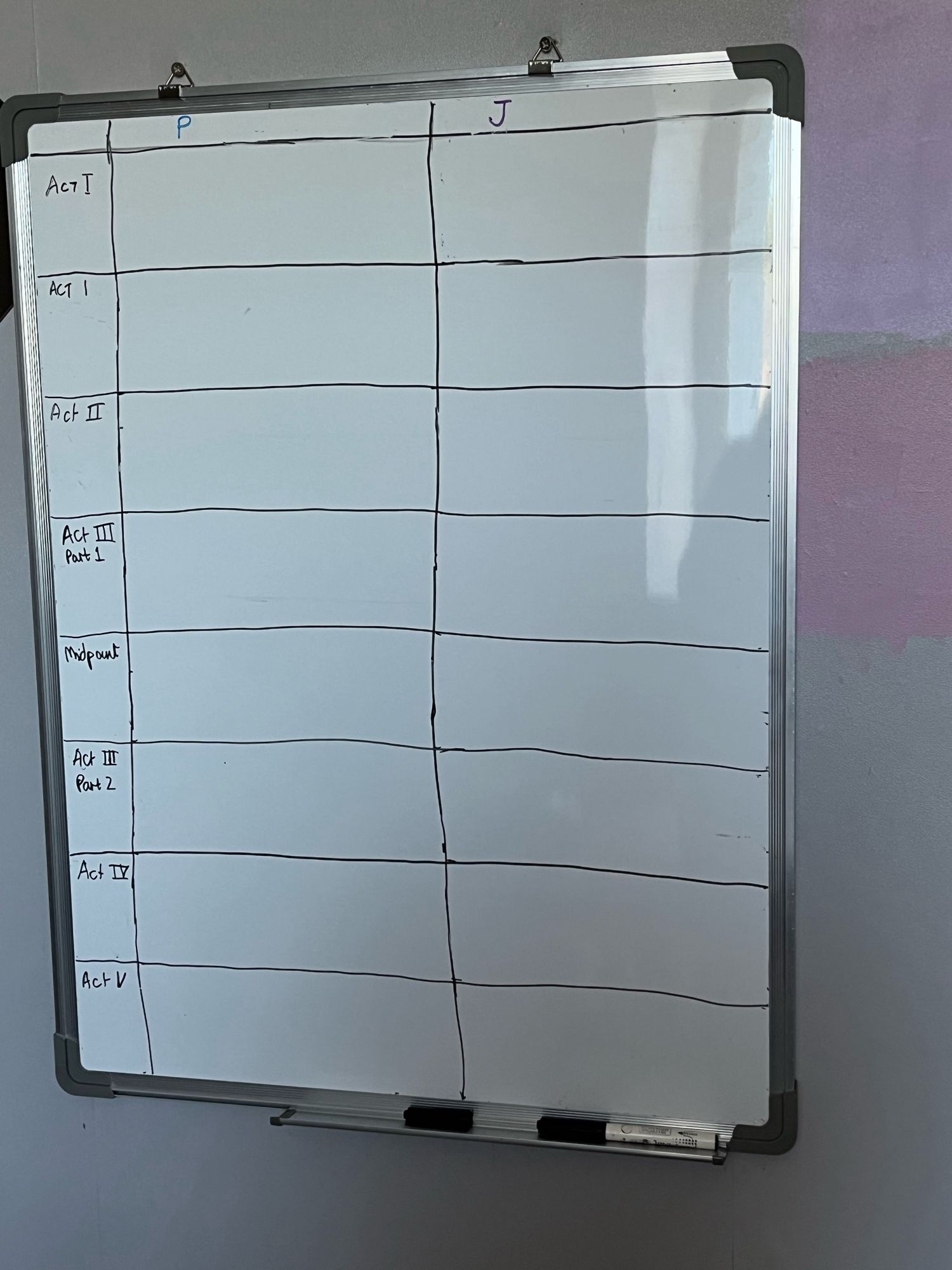 A whiteboard on a wall with 2 columns and 8 rows marked out with a whiteboard marker pen.