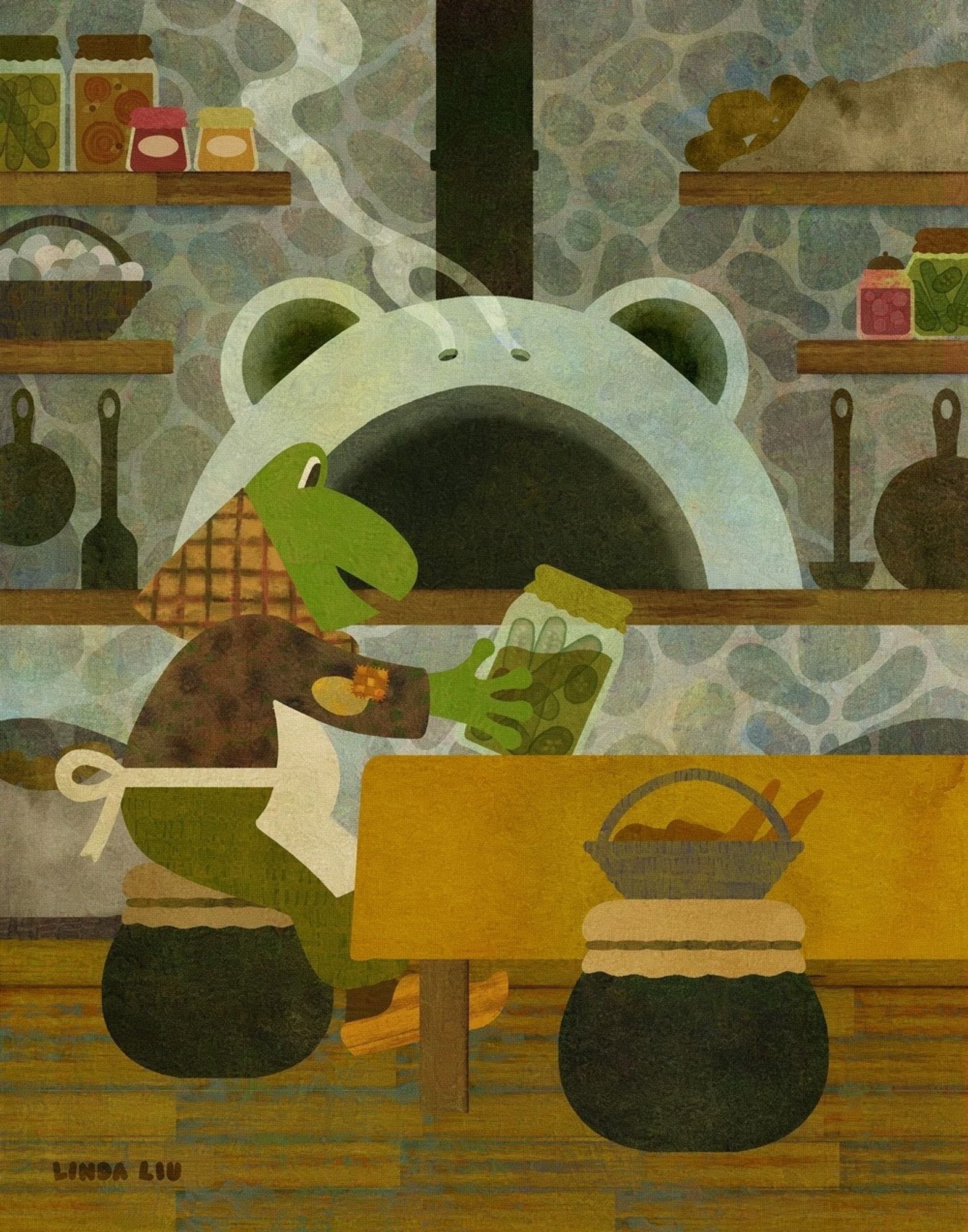 an anthropomorphic frog sits on a pickling jar in a cottage-core kitchen in front of a giant frog-shaped stoneware hearth, holding a jar of cucumber pickles in pond water, surrounded by various pickle jars, cast-iron pots and pans, and baskets of root vegetables.