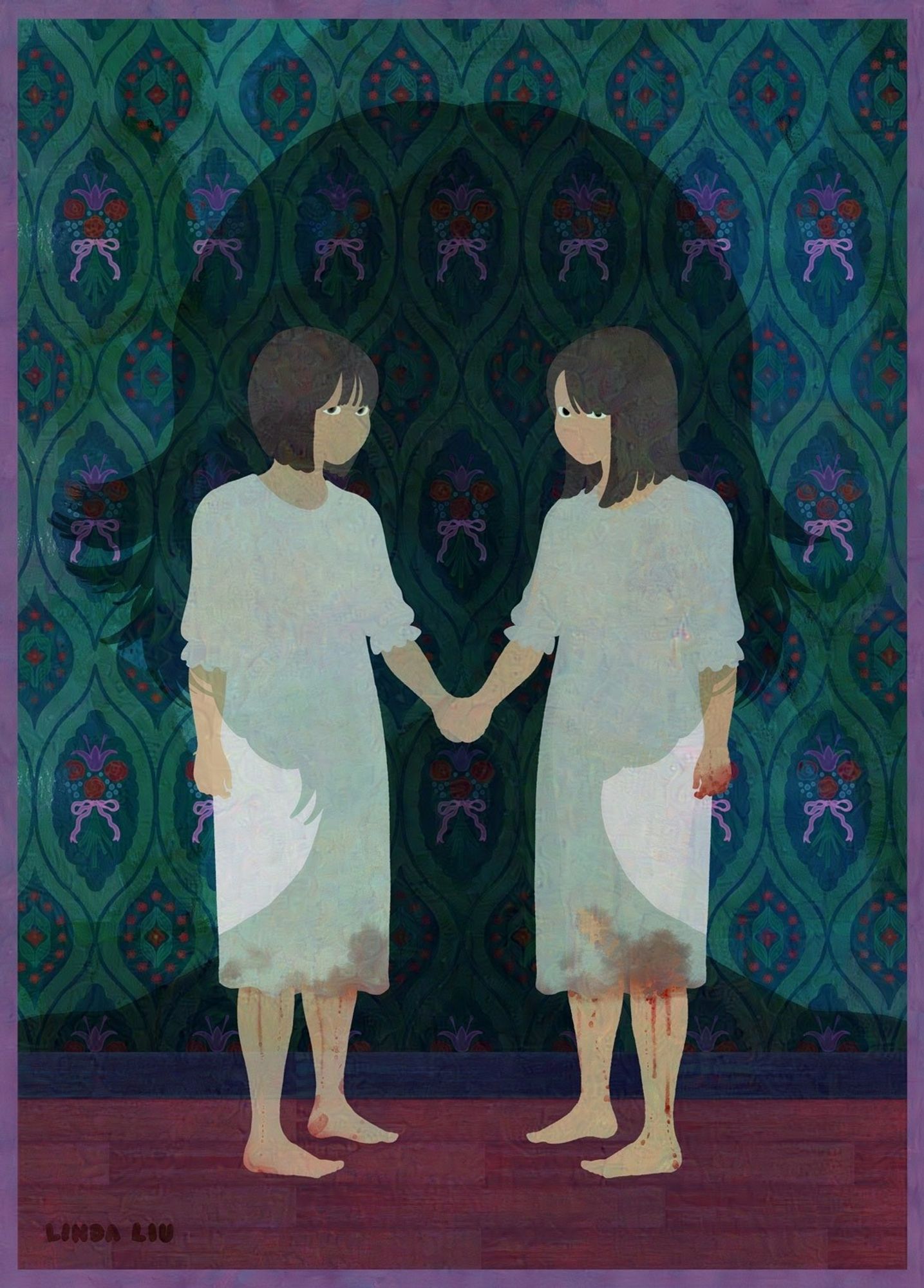 two girls in white nightgowns, presumably sisters, stand holding hands against a floral-patterned wallpaper. blood streams down both their legs—source of blood unclear. the sister on the right has blood staining her hand; the hand not linked with her sister's. they are staring down a large shadow cast over them, which is in the silhouette of an older woman with short hair: their step-mother.