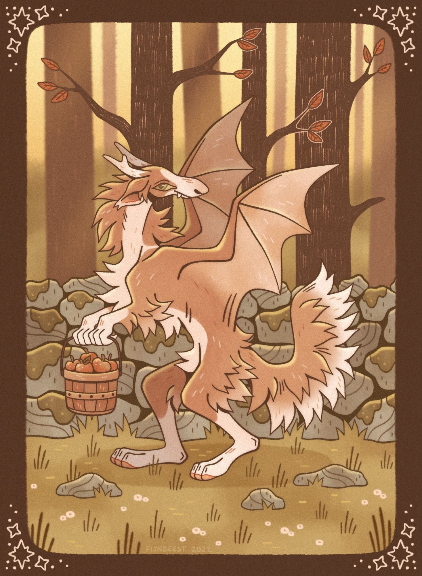 Digital illustration of a dragon with the body of a brown and white Borzoi, leathery bat-like wings, and two small pronged antlers carrying a wooden basket of apples. They are walking along a grassy path beside a mossy stone wall, with tall trees growing behind it. The image has a simple brown border, with small clusters of stars in each corner.