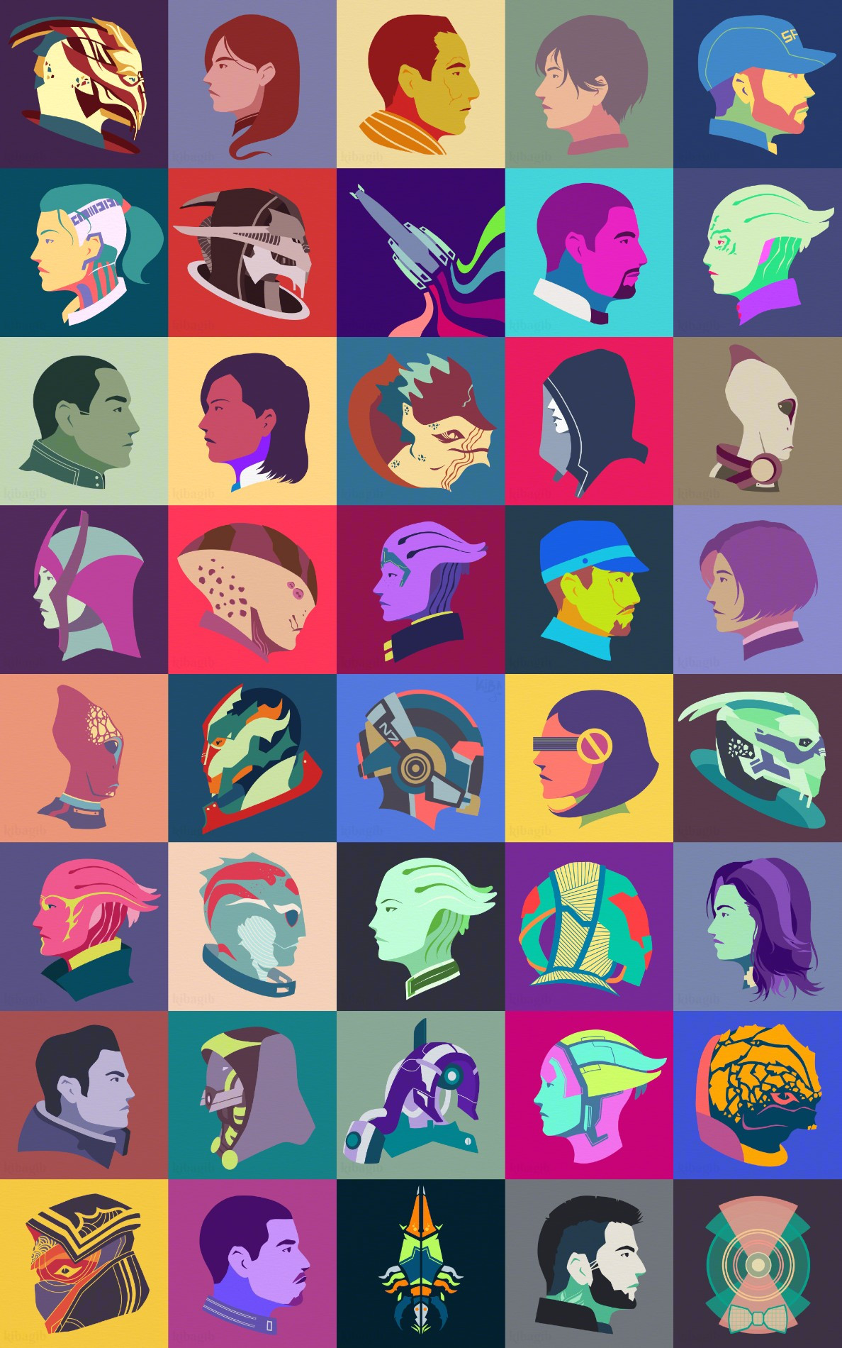 Mass Effect character icons using different palettes for each one