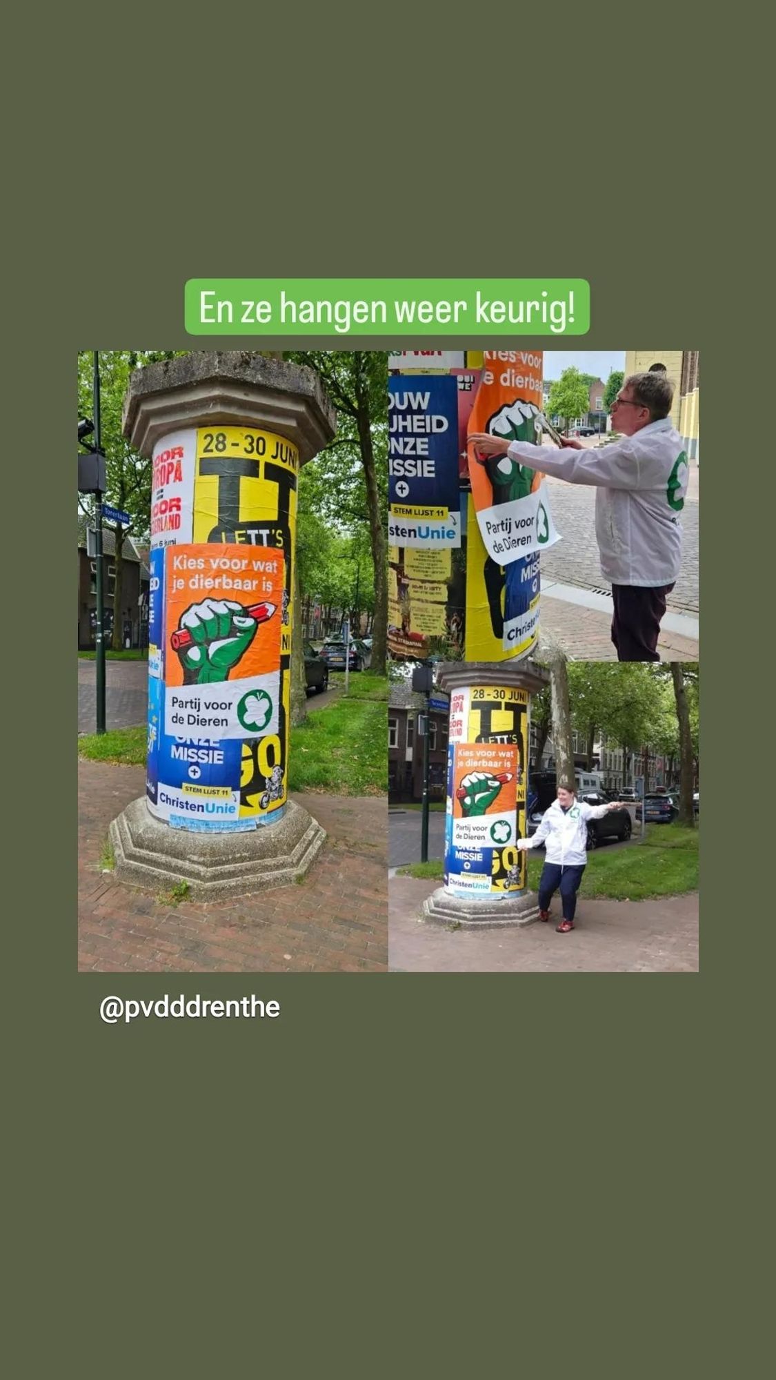 PvdD leden plakken posters op een aanplakzuil van bijna een eeuw oud