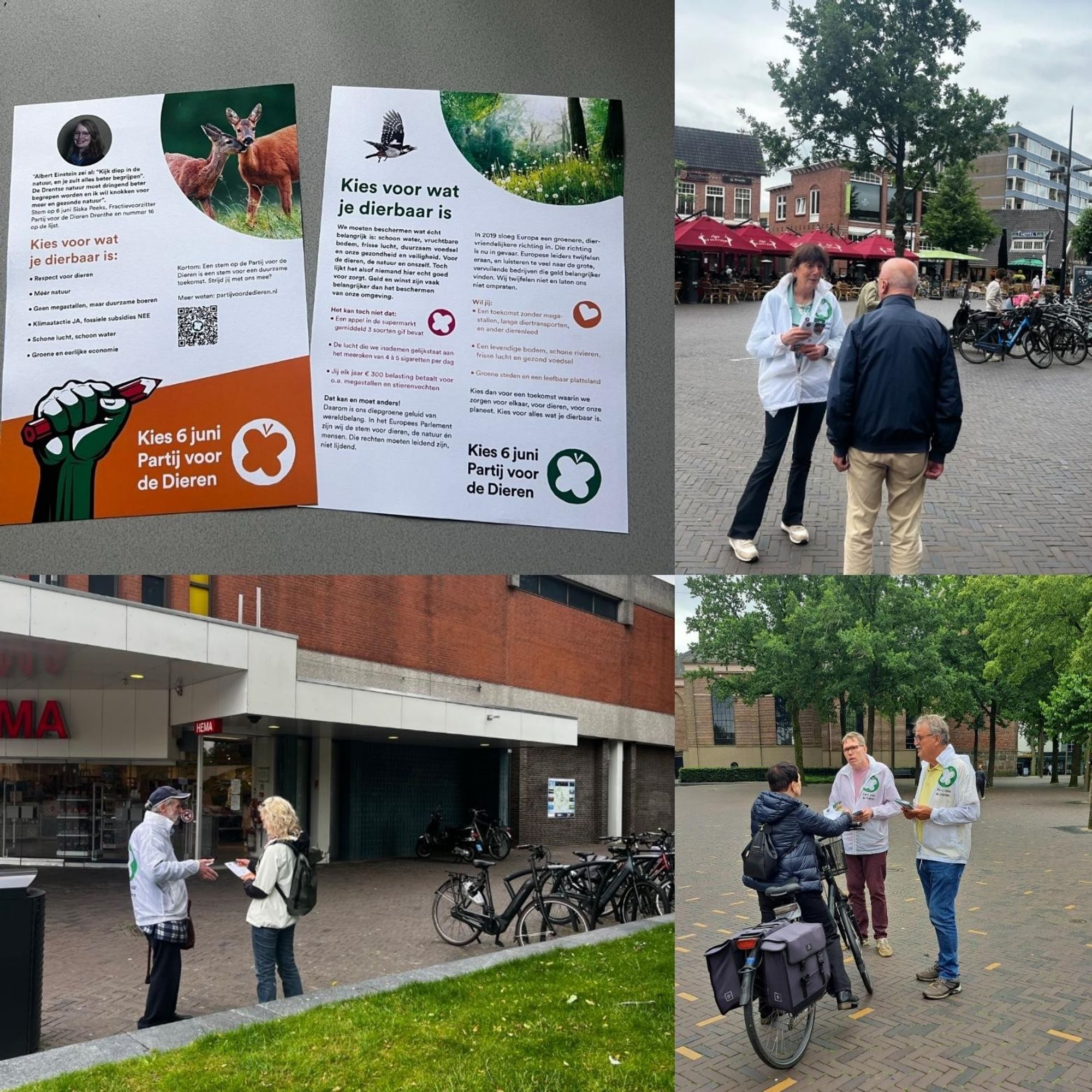 Leden van PvdD praten in een winkelstraat met mensen over politiek