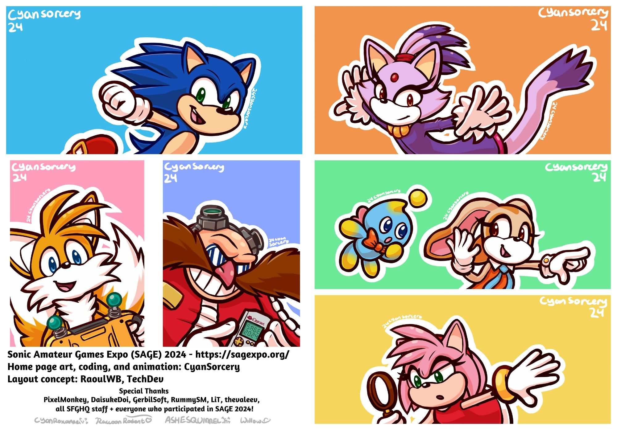 Several drawings of Sonic characters in various panels. In the first, Sonic is running by quickly (as he does.) In the second, Blaze is running quickly by as well. In the third, Tails has a big smile while holding the Miles Electric. In the fourth, Dr. Robotnik has an evil grin while pointing at a device which reads SAGE 2024. In the fifth, Cream is gesturing to Cheese to follow her. Finally, in the sixth, Amy is investigating something with a magnifying glass