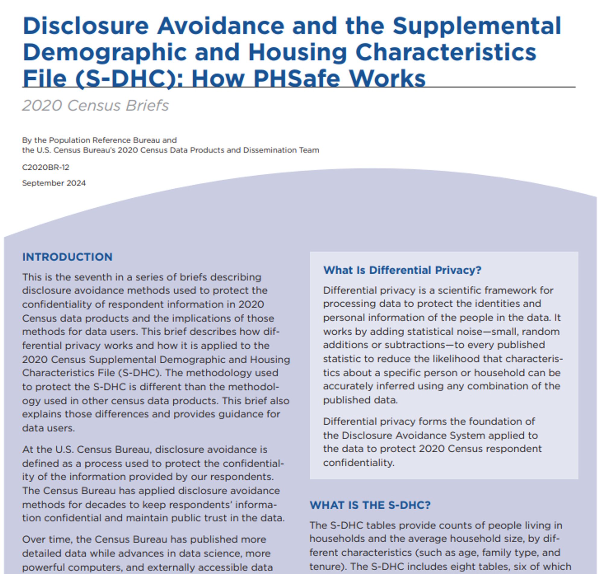 Screenshot of first page of brief. Title is "Disclosure Avoidance and the Supplemental Demographic and Housing Characteristics File (S-DHC): How PHSafe Works."