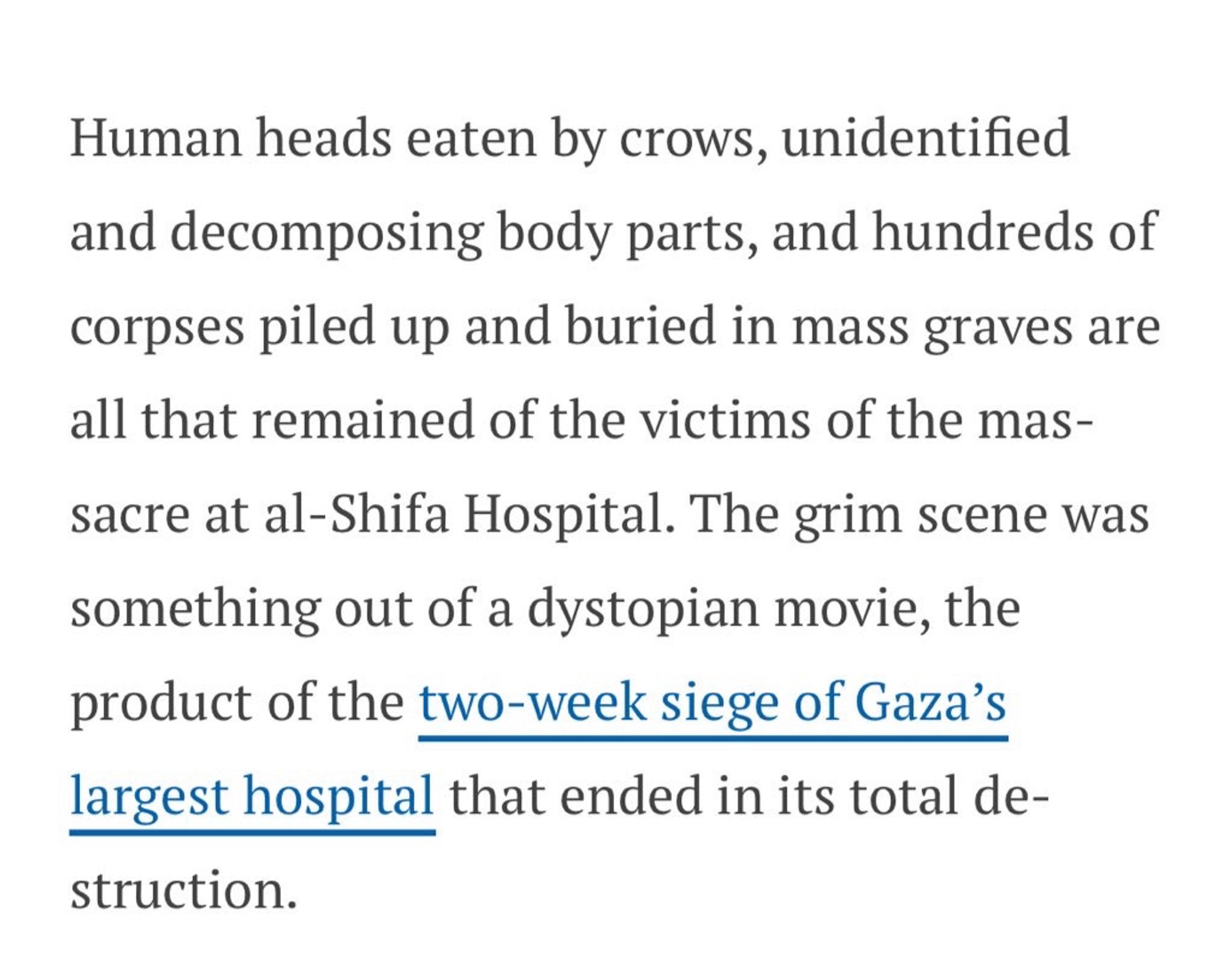 Human heads eaten by crows, unidentified and decomposing body parts, and hundreds of corpses piled up and buried in mass graves are
all that remained of the victims of the massacre at al-Shifa Hospital. The grim scene was something out of a dystopian movie, the product of the two-week siege of Gaza's largest hospital that ended in its total de-struction.