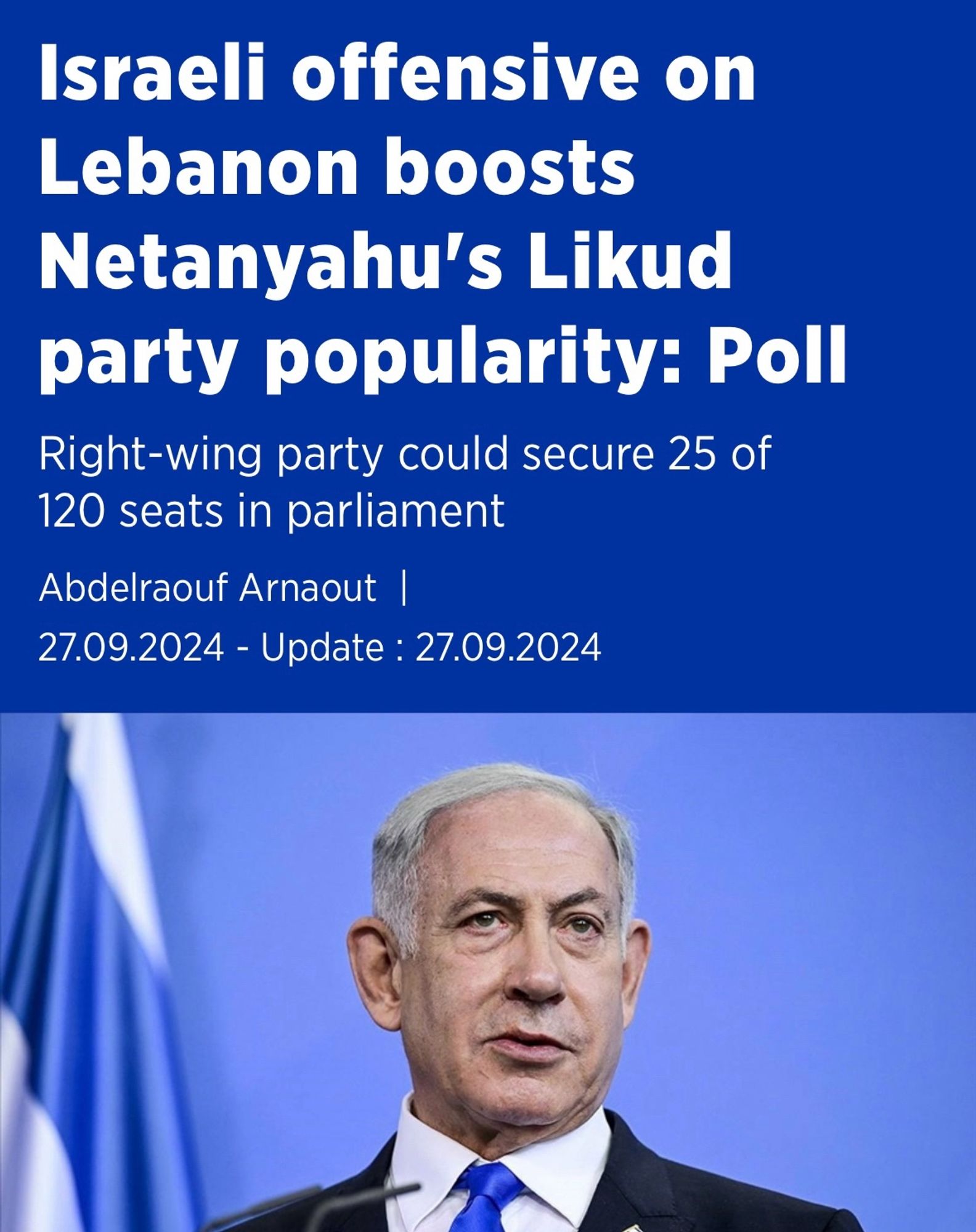 Israeli offensive on Lebanon boosts Netanyahu's Likud party popularity: Poll
Right-wing party could secure 25 of 120 seats in parliament
Abdelraouf Arnaout
27.09.2024 - Update: 27.09.2024