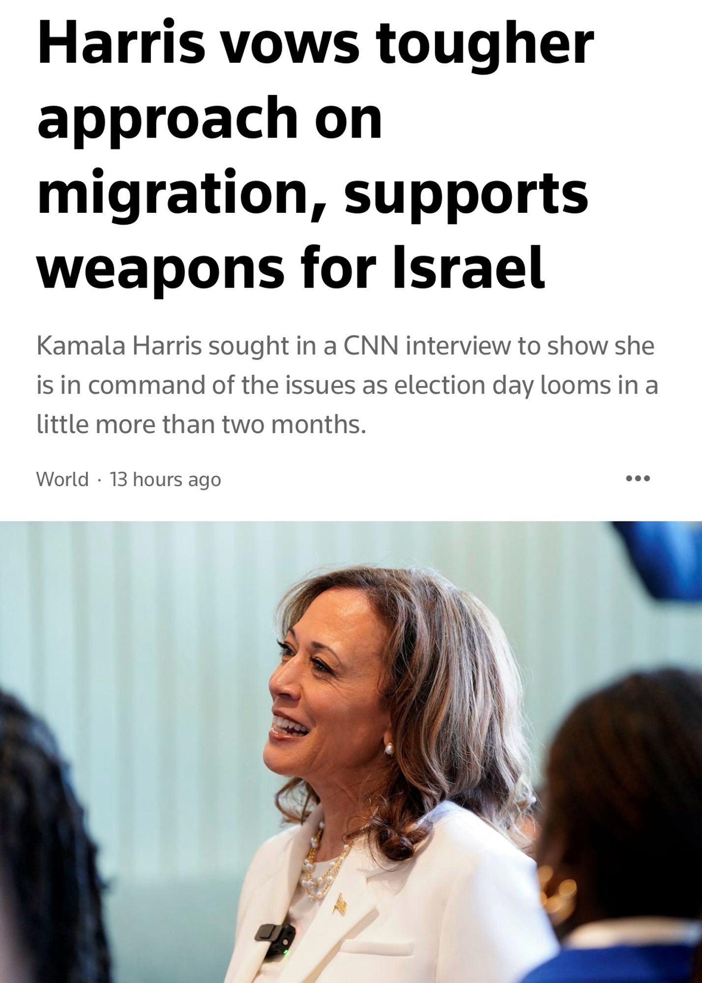 Reuters: Harris vows tougher approach on migration, supports weapons for Israel
Kamala Harris sought in a CNN interview to show she is in command of the issues as election day looms in a little more than two months.
World • 13 hours ago